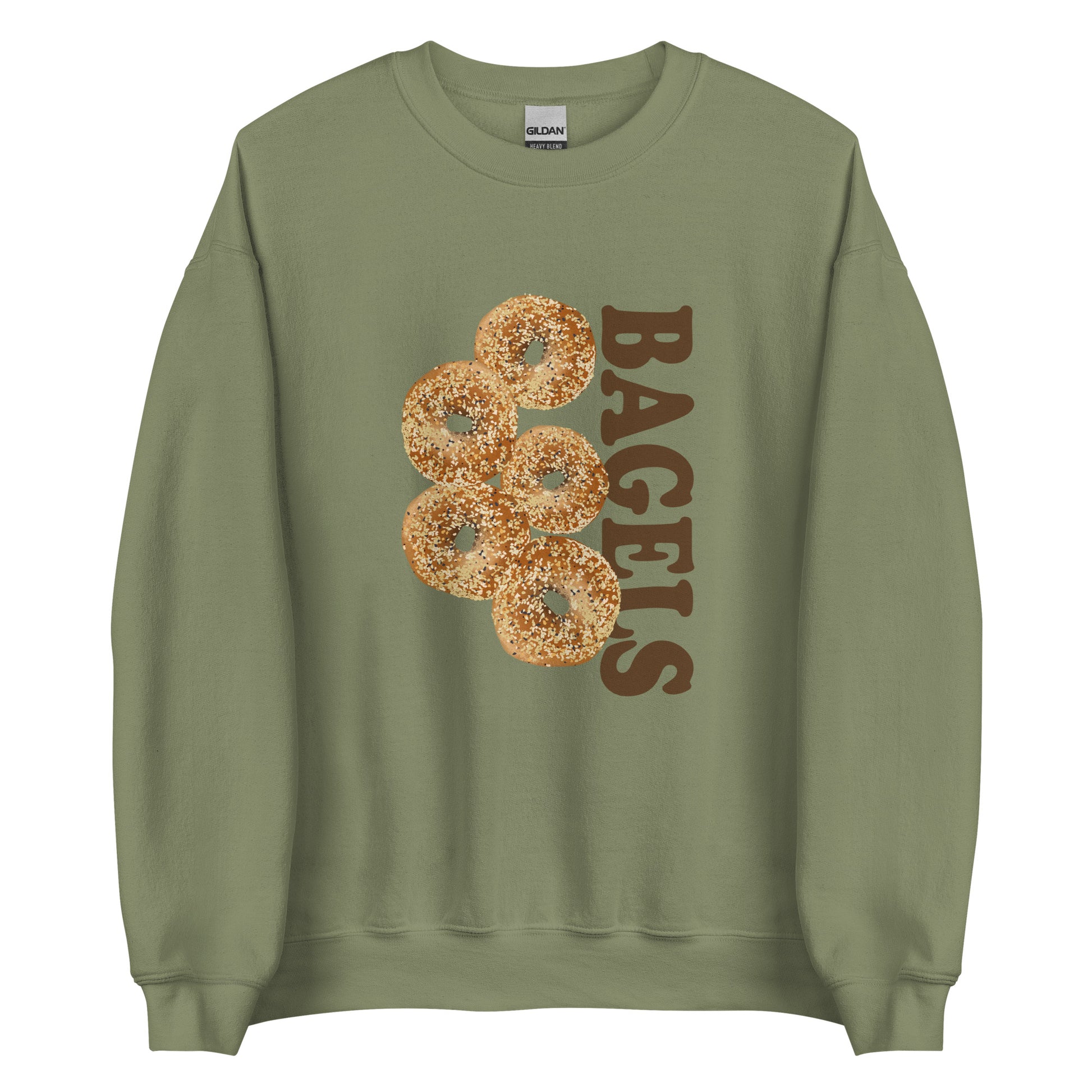 Army Green Everything Bagels Sweatshirt from Nina's Funky Shop by ninanush - Do you love bagels? Looking for a funny gift? Our Bagels Crew Neck Sweatshirt is soft, comfortable and just what you need. It's a unisex foodie sweatshirt that comes in a variety of colors with everything bagels, expertly printed on the front. A funny foodie sweatshirt for cozy nights in or statement bagel lover streetwear.