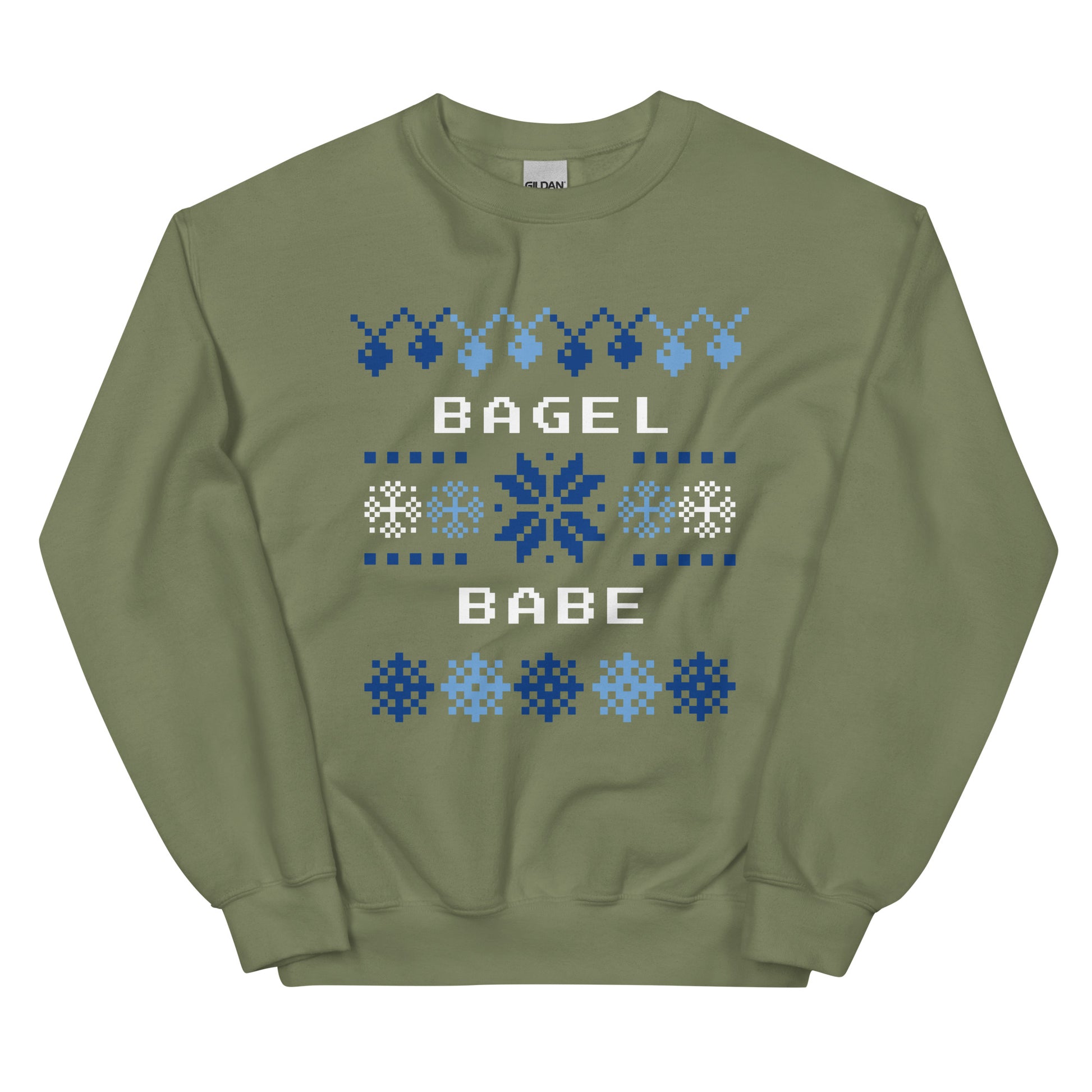 Army Green Bagel Holiday Sweatshirt from Nina's Funky Shop by ninanush - Do you love bagels? Looking for a funny gift? Our Bagel Babe Crew Neck Sweatshirt is soft, comfortable and just what you need. It's a unisex bagel lover sweatshirt with a blue and white holiday design, expertly printed on the front. A funny foodie sweatshirt for cozy nights in or a stand out holiday party sweatshirt.