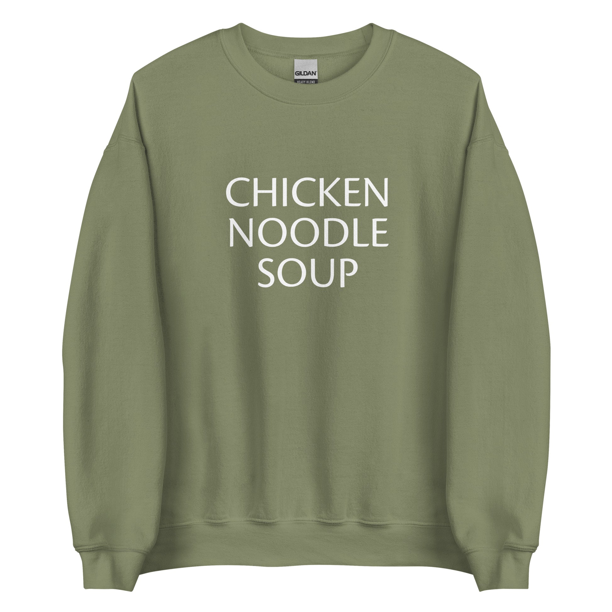 Army Chicken Noodle Soup Sweatshirt from Nina's Funky Shop by ninanush - Do you love soup? Looking for a funny gift for a friend? Our Chicken Noodle Soup Crewneck Sweatshirt is soft, comfortable and just what you need. It's a unisex foodie sweatshirt that comes in a variety of colors with "Chicken Noodle Soup", expertly printed on the front. A perfect funny foodie sweatshirt for cozy nights in or stand out soup lover streetwear. This soup enthusiast sweatshirt is made just for you.