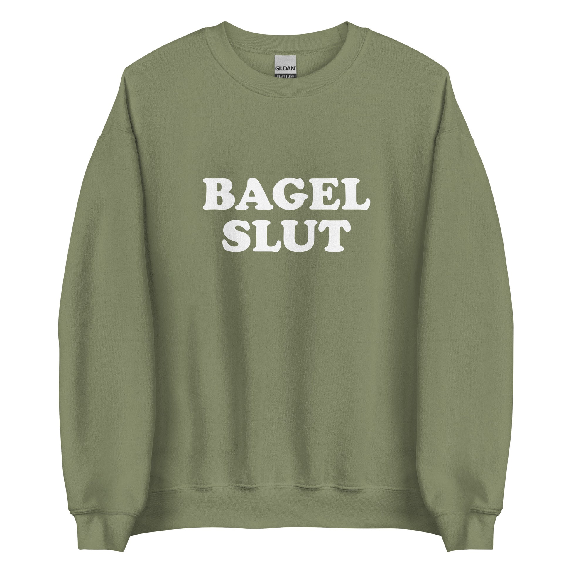 Army Green Bagel Slut Sweatshirt from Nina's Funky Shop by ninanush - Do you love bagels? Looking for a funny gift? Our Bagel Slut Crewneck Sweatshirt is soft, comfortable and just what you need. It's a unisex sweatshirt that comes in a variety of colors with "Bagel Slut", expertly printed on the front. A unique and funny sweatshirt for cozy nights in or stand out bagel lover streetwear.