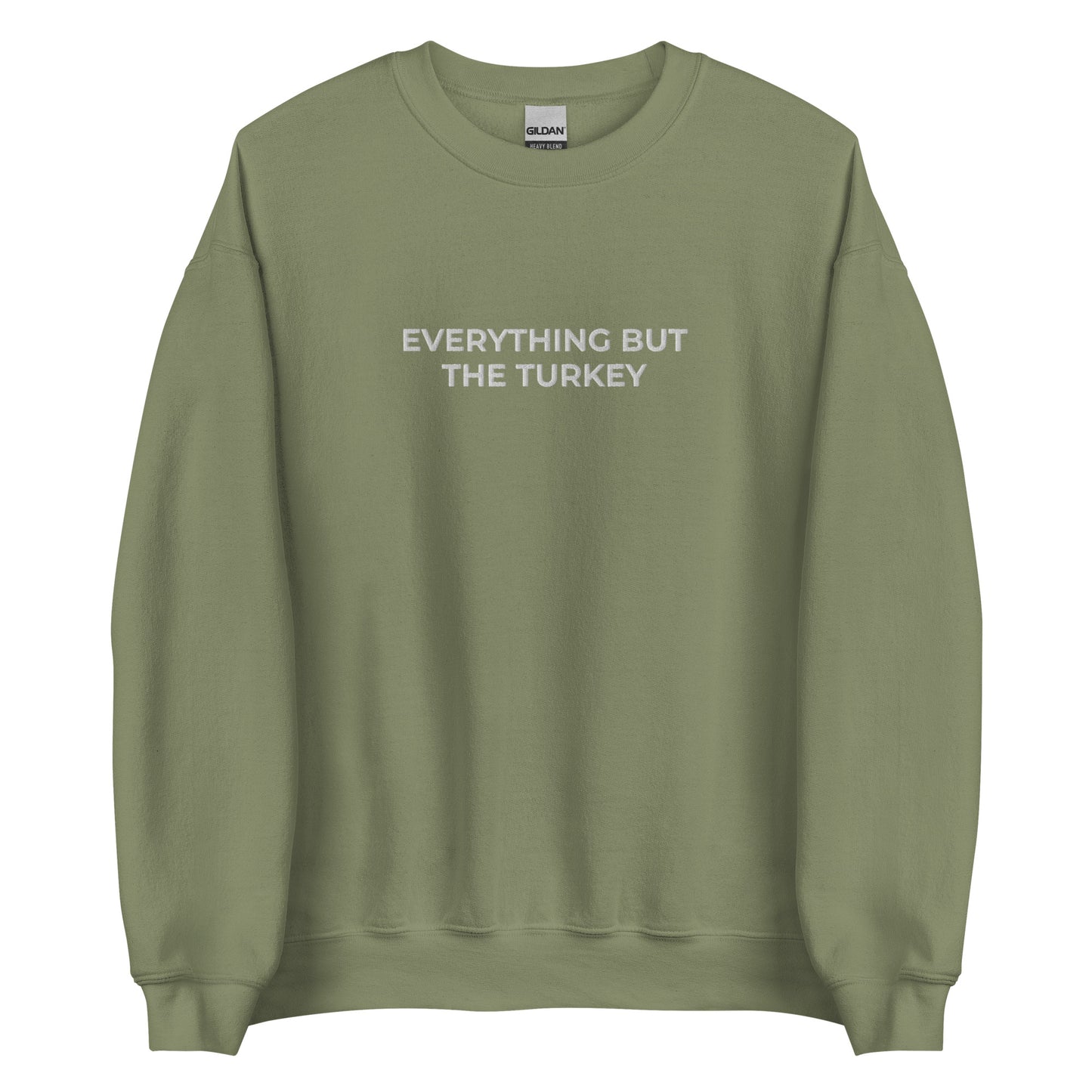 Army Green Everything but the turkey, vegan holiday sweatshirt from Nina's Funky Shop by ninanush - Do you love turkeys? Looking for a funny gift for a plant based babe? Our vegan holiday Crewneck Sweatshirt is soft, comfortable and just what you need. It's a unisex sweatshirt that comes in a variety of colors with "Everything But The Turkey", expertly embroidered on the front. A unique and funny vegan/vegetarian sweatshirt for cozy nights in or stand out streetwear to make a point.