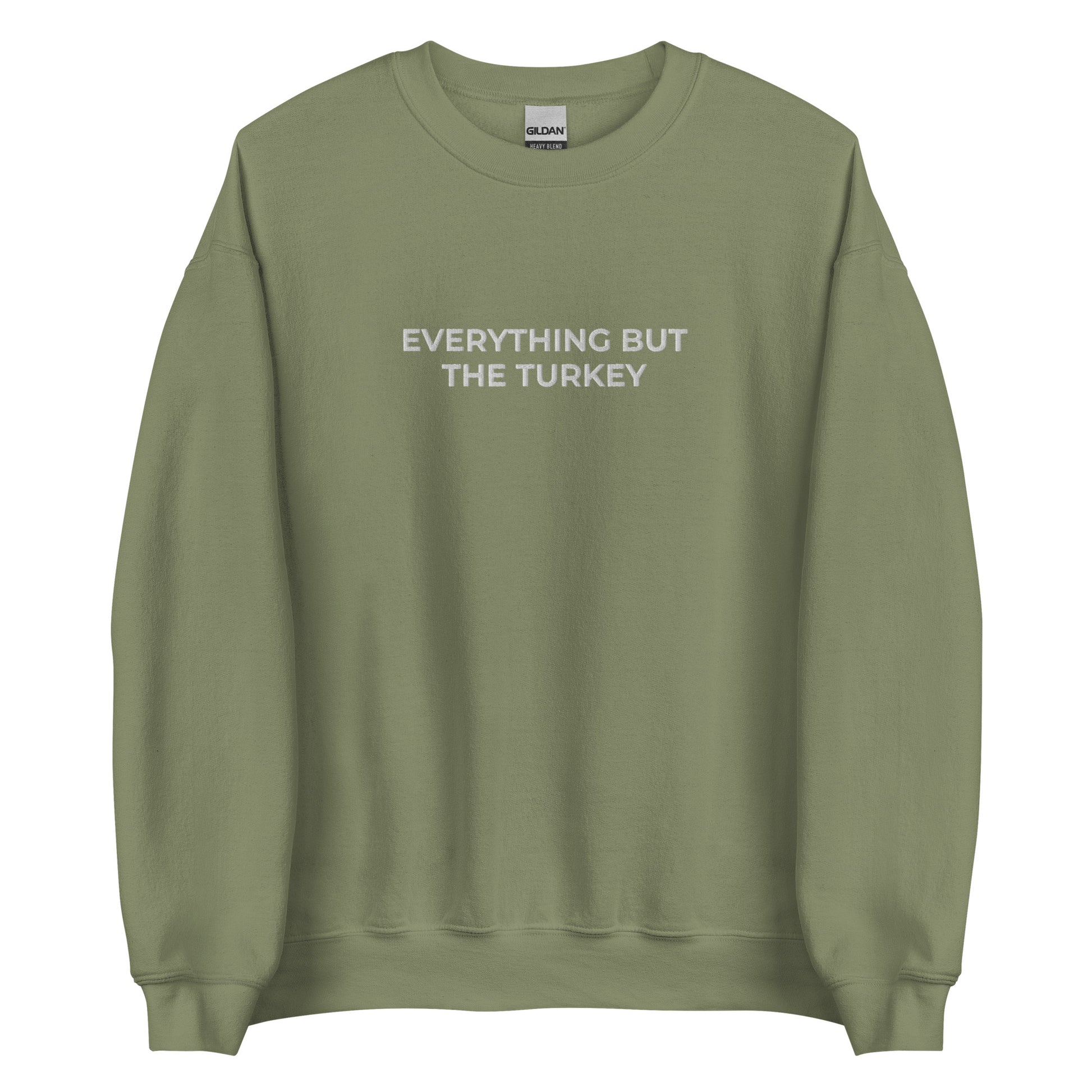 Army Green Everything but the turkey, vegan holiday sweatshirt from Nina's Funky Shop by ninanush - Do you love turkeys? Looking for a funny gift for a plant based babe? Our vegan holiday Crewneck Sweatshirt is soft, comfortable and just what you need. It's a unisex sweatshirt that comes in a variety of colors with "Everything But The Turkey", expertly embroidered on the front. A unique and funny vegan/vegetarian sweatshirt for cozy nights in or stand out streetwear to make a point.