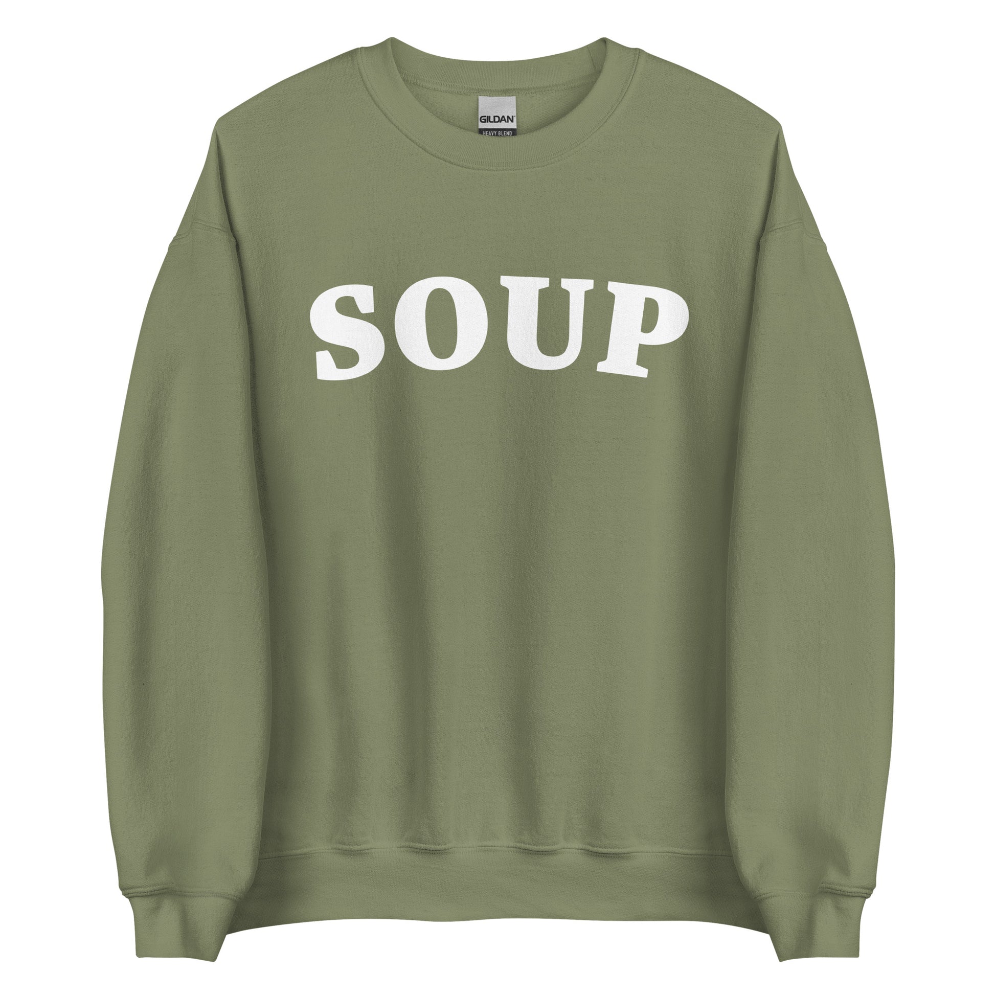 Army Green Soup Crewneck Sweatshirt from Nina's Funky Shop by ninanush - Do you love soup? Looking for a funny gift? Our Soup Crewneck Sweatshirt is soft, comfortable and just what you need. It's a unisex foodie sweatshirt that comes in a variety of colors with "Soup", expertly printed in bold letters on the front. Eat your favorite soup in this funny varsity style sweatshirt. It's designed by Nina and made just for you.