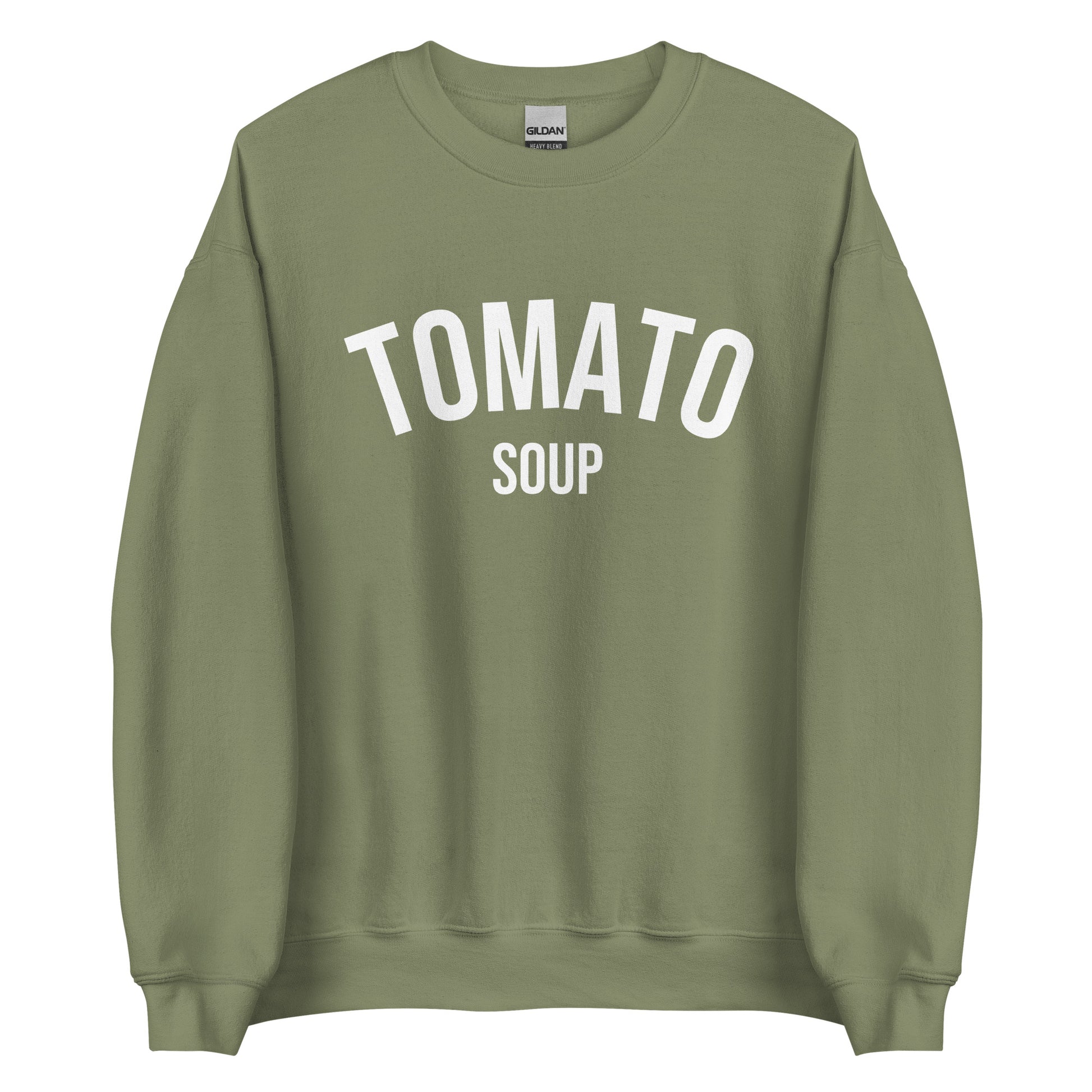 Army Green Tomato Soup Sweatshirt from Nina's Funky Shop by ninanush - Do you love soup? Looking for a funny gift for a friend? Our Tomato Soup Crewneck Sweatshirt is soft, comfortable and just what you need. It's a unisex soup lover sweatshirt that comes in a variety of colors with "tomato soup", expertly printed on the front. A funny foodie sweatshirt for cozy nights in or stand out funky streetwear.