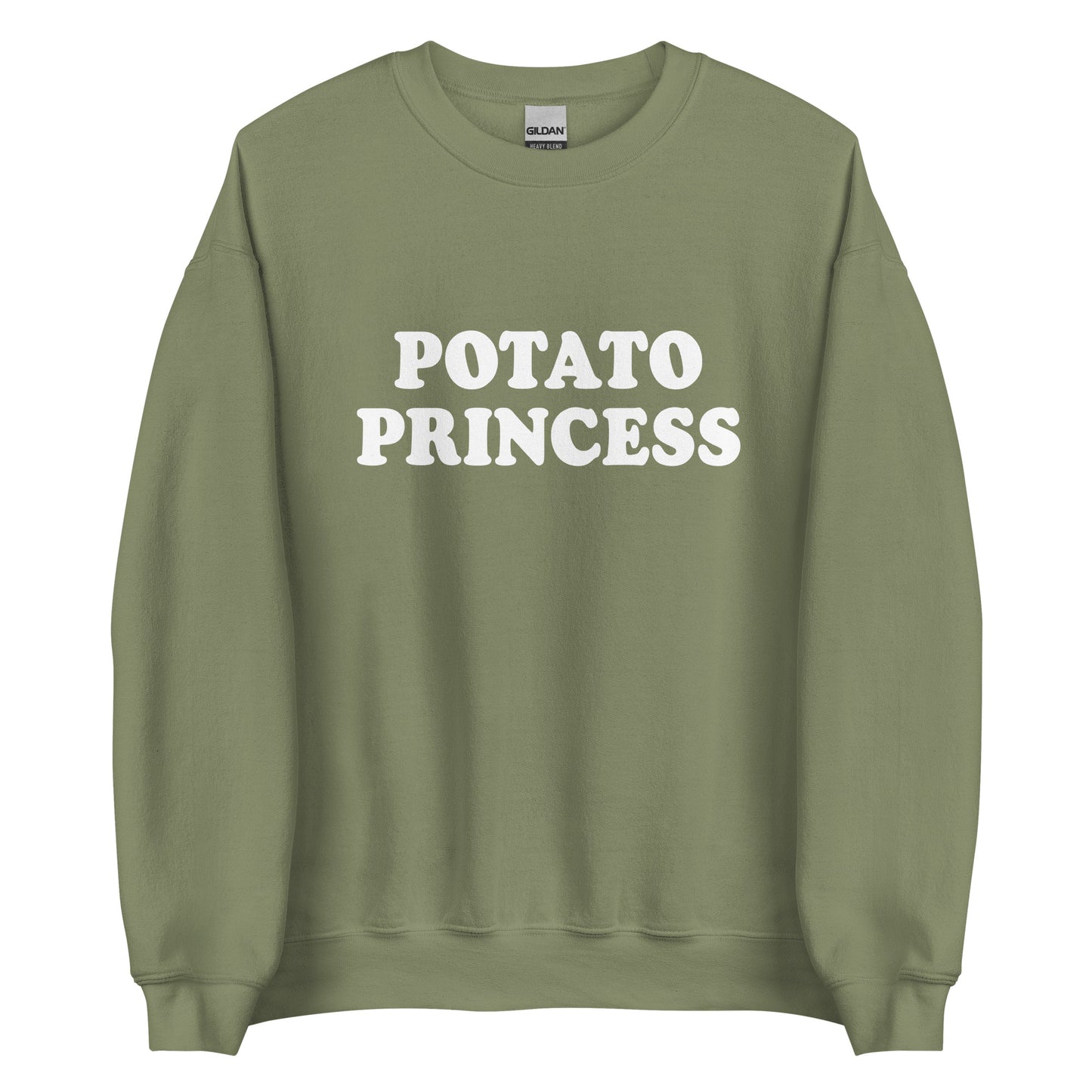 Army Green potato princess crewneck sweatshirt from Nina's Funky Shop by ninanush - Do you love potatoes? Looking for a funny gift for a friend? Our Potato Crewneck Sweatshirt is just what you need. It's a unisex potato sweatshirt with "Potato Princess" on the front. A funny foodie sweatshirt for cozy nights in or stand out potato lover streetwear. This potato enthusiast sweatshirt is bold and made just for you.