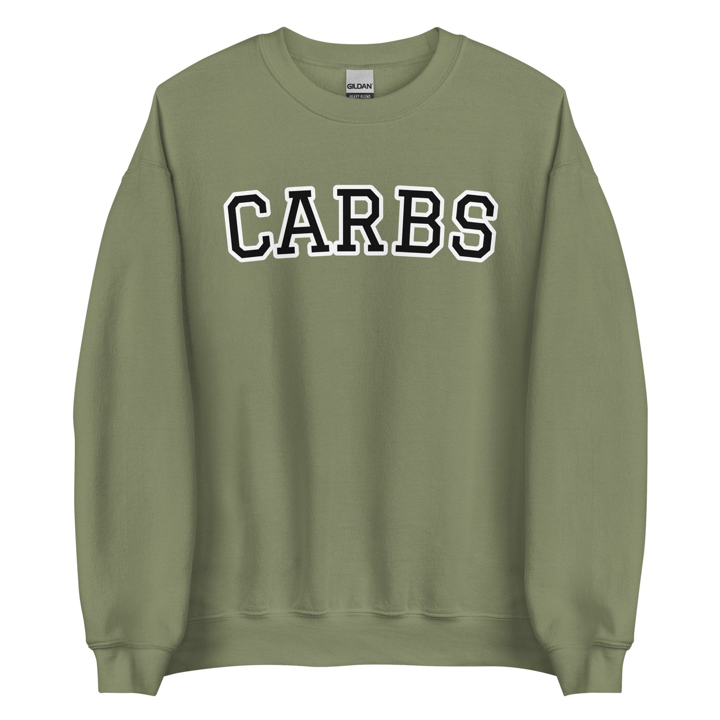 Army Green Carb Sweatshirt from Nina's Funky Shop by ninanush - Do you love carbs? Looking for a funny foodie gift? Our Carbs Crewneck Sweatshirt is soft, comfortable and just what you need. It's a unisex food lover sweatshirt that comes in a variety of colors with "Carbs", expertly printed on the front in bold letters. A funny foodie sweatshirt or quirky streetwear for carb enthusiasts.