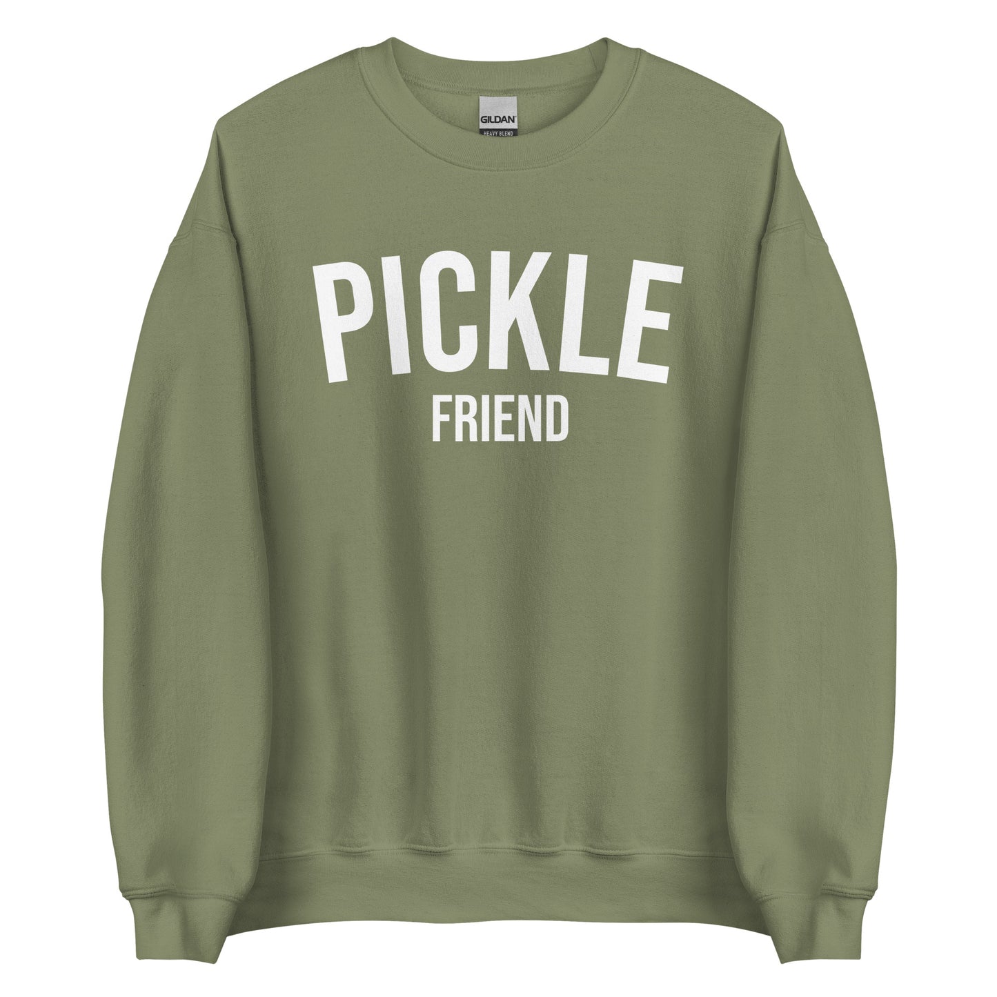 Army Green Pickle Friend Sweatshirt from Nina's Funky Shop by ninanush - Love pickles? Looking for a funny pickle gift? Our Pickle Friend Crewneck Sweatshirt is just what you need. It's a unisex pickle sweatshirt with "Pickle Friend" on the front. A funny foodie sweatshirt or quirky streetwear for pickle lovers. This varsity style pickle sweatshirt is designed by Nina and made just for you. 