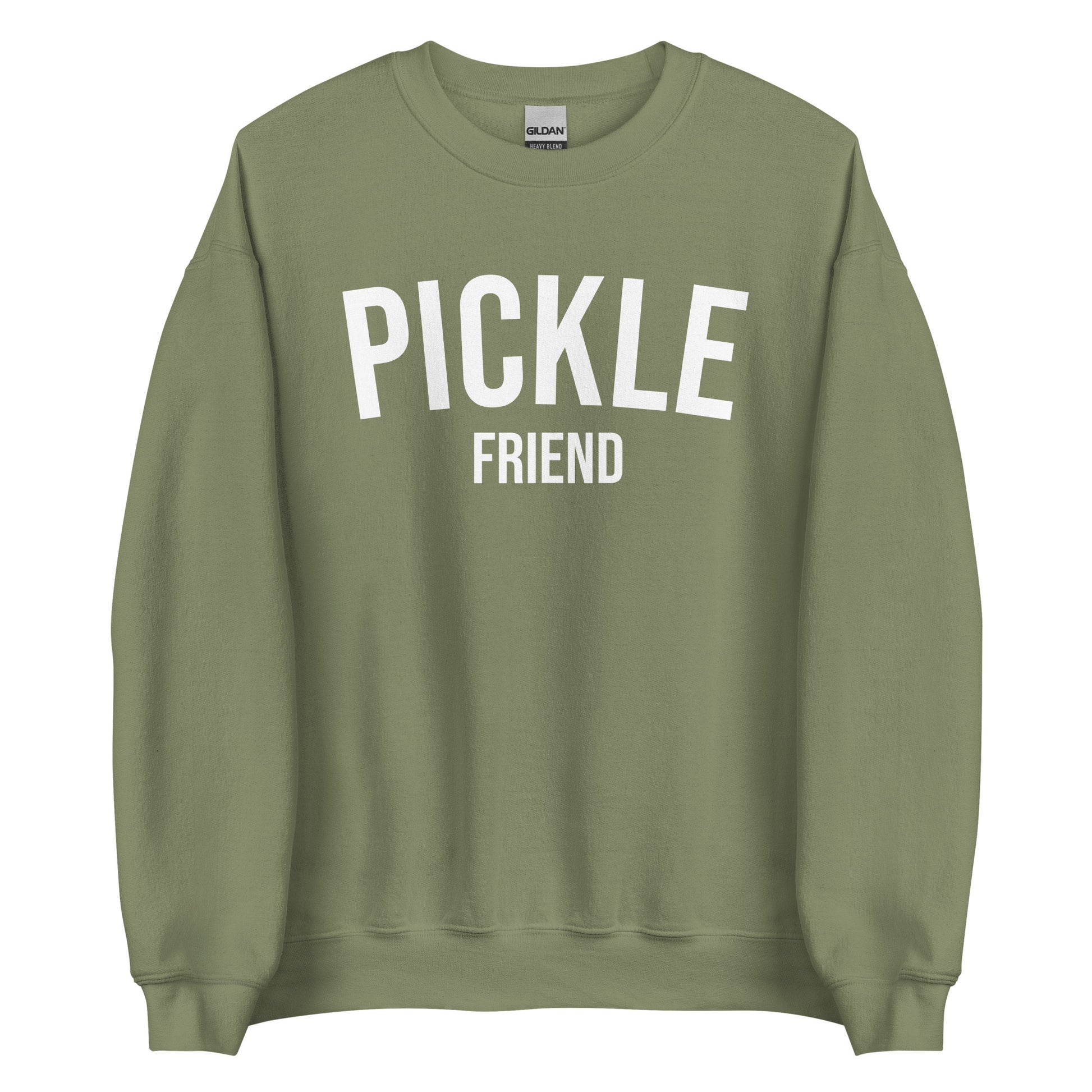 Army Green Pickle Friend Sweatshirt from Nina's Funky Shop by ninanush - Love pickles? Looking for a funny pickle gift? Our Pickle Friend Crewneck Sweatshirt is just what you need. It's a unisex pickle sweatshirt with "Pickle Friend" on the front. A funny foodie sweatshirt or quirky streetwear for pickle lovers. This varsity style pickle sweatshirt is designed by Nina and made just for you. 