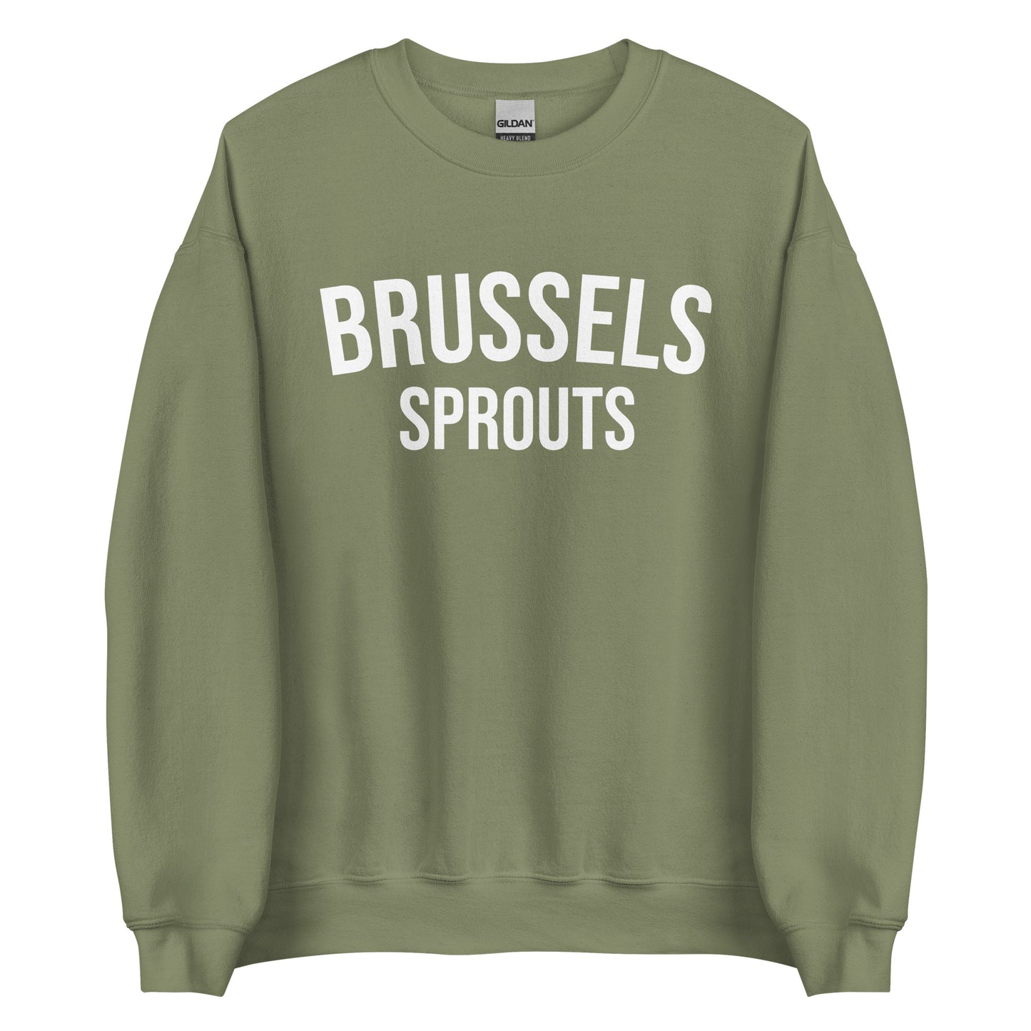 Army Green Brussels Sprouts Sweatshirt from Nina's Funky Shop by ninanush - Do you love Brussels sprouts? Looking for a funny foodie gift? Our Brussels Sprouts Crewneck Sweatshirt is just what you need. It's a unisex unique sweatshirt with "Brussels Sprouts" on the front. A funny foodie sweatshirt for Brussels Sprouts enthusiasts. This varsity style pickle sweatshirt is designed by Nina.