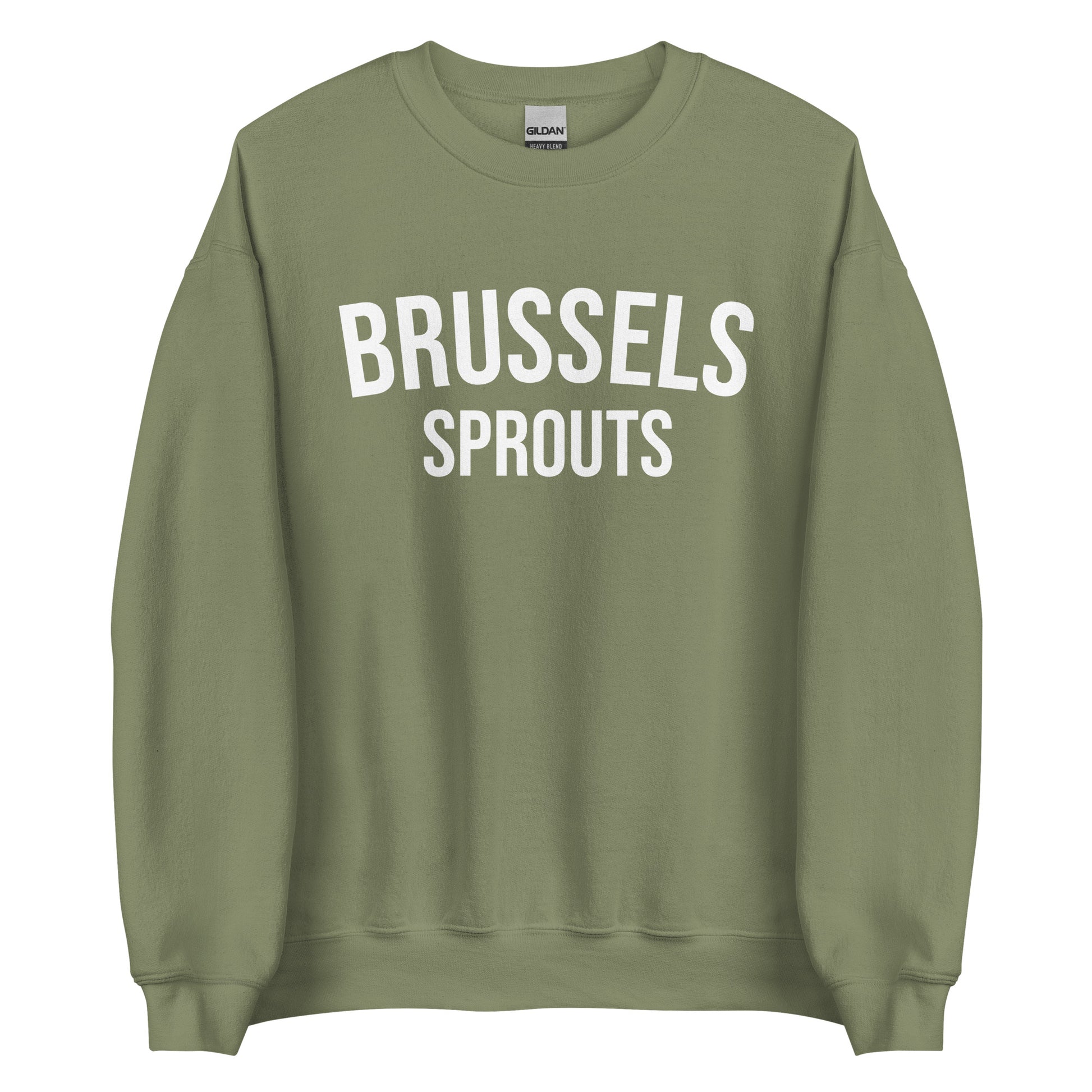 Army Green Brussels Sprouts Sweatshirt from Nina's Funky Shop by ninanush - Do you love Brussels sprouts? Looking for a funny foodie gift? Our Brussels Sprouts Crewneck Sweatshirt is just what you need. It's a unisex unique sweatshirt with "Brussels Sprouts" on the front. A funny foodie sweatshirt for Brussels Sprouts enthusiasts. This varsity style pickle sweatshirt is designed by Nina.