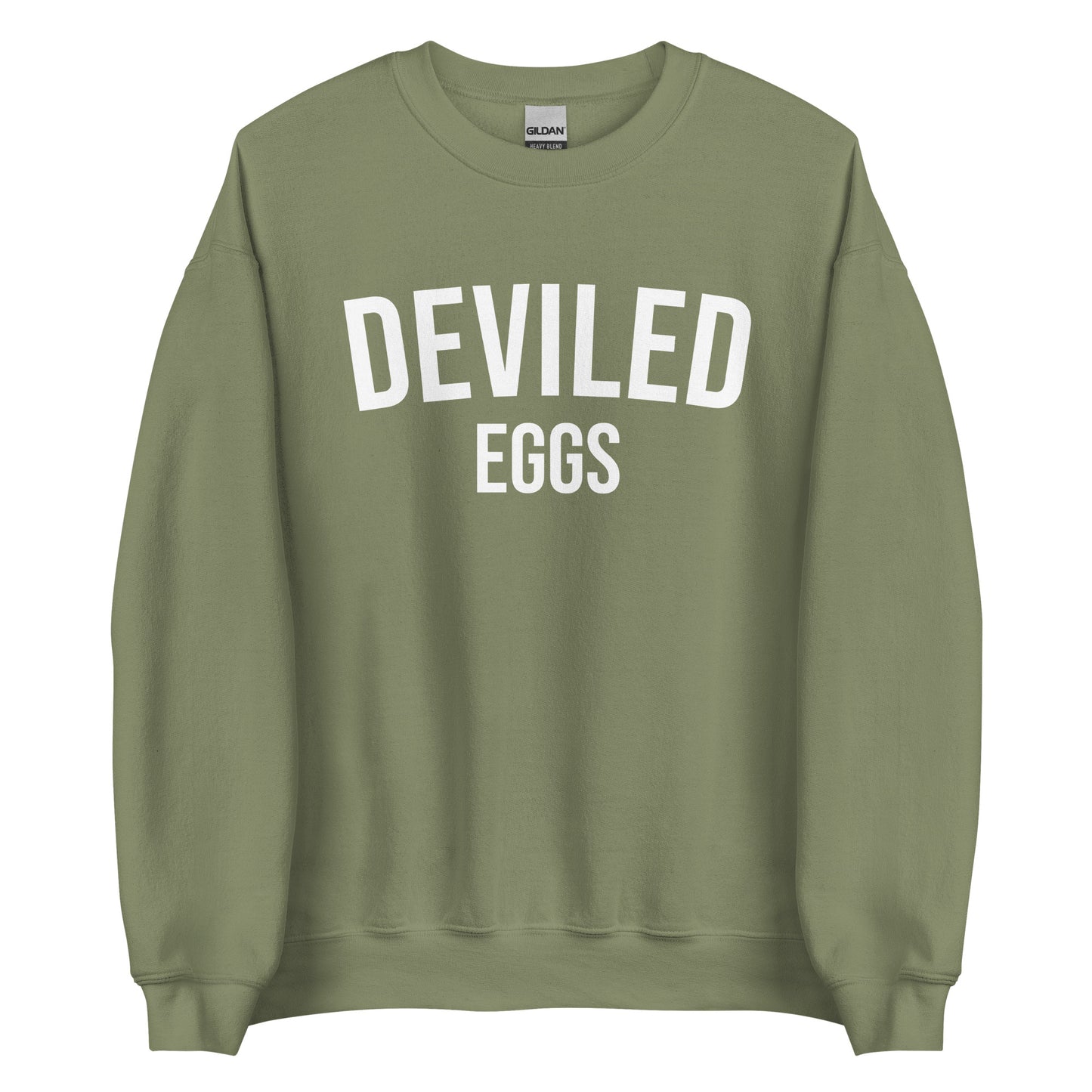 Army Green Deviled Eggs Sweatshirt from Nina's Funky Shop by ninanush - Do you love deviled eggs? Looking for a funny gift for a friend? Our Deviled Eggs Crewneck Sweatshirt is just what you need. It's a unisex weird foodie sweatshirt with "deviled eggs" on the front. A funny foodie sweatshirt for deviled egg lovers. This funny varsity style sweatshirt is designed by Nina.