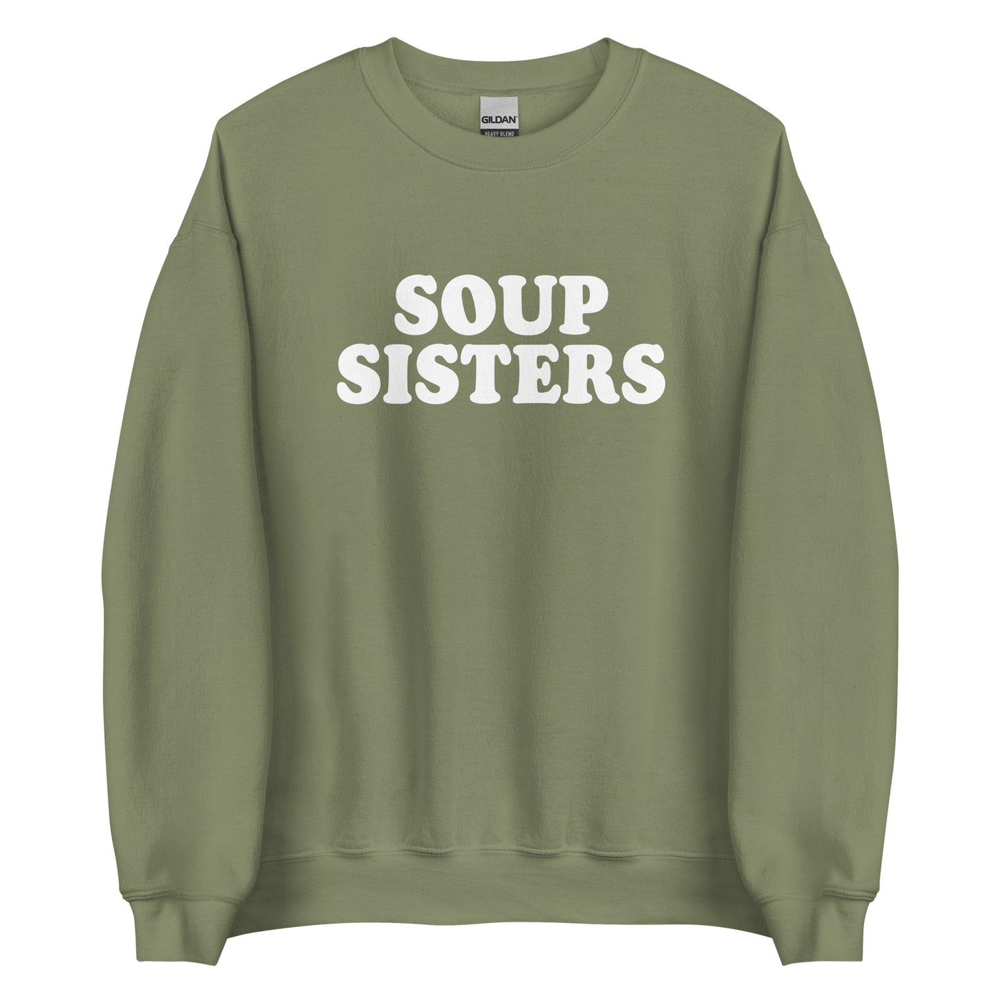 Army Green Soup Sisters Sweatshirt from Nina's Funky Shop by ninanush - Do you love soup? Looking for a funny gift for your sister? Our Soup Sisters Crewneck Sweatshirt is just what you need. It's a unisex funny sisters sweatshirt with "soup sisters" on the front. A funny foodie sweatshirt for soup enthusiasts and foodie gift for sisters. This varsity style sweatshirt is designed by Nina, just for you.