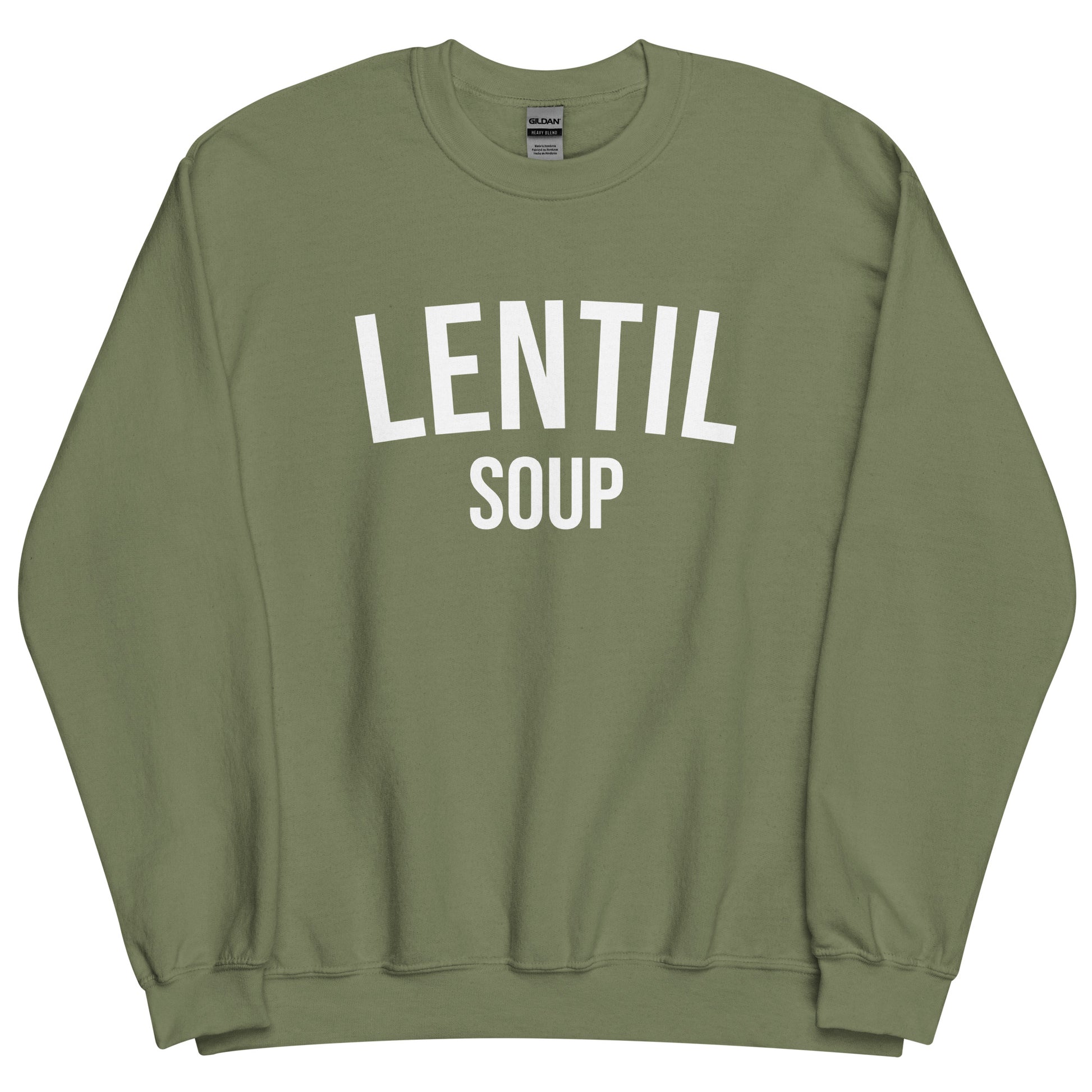 Army Green Lentil Soup Sweatshirt from Nina's Funky Shop by ninanush - Do you love lentil soup? Looking for a funny gift? Our Lentil Soup Crewneck Sweatshirt is just what you need. It's a unisex soup lover sweatshirt with "lentil soup" on the front. A funny foodie sweatshirt for soup enthusiasts and a quirky sweatshirt foodies of all kinds. This varsity style sweatshirt is designed by Nina and made just for you.