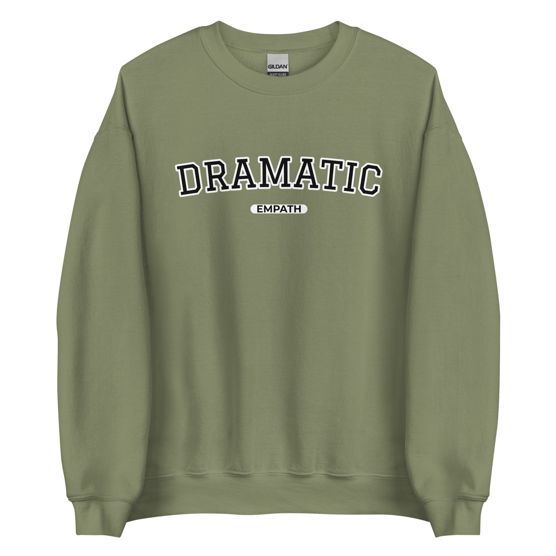 Army Green Dramatic Empath Sweatshirt from Nina's Funky Shop by ninanush - A little dramatic? Looking for a funny gift for a friend? Our Dramatic Empath Crewneck Sweatshirt is soft, comfortable and just what you need. It's a unisex sweatshirt with "Dramatic Empath", expertly printed on the front. A funny varsity style empath sweatshirt and a quirky sweatshirt for everyday drama queens.