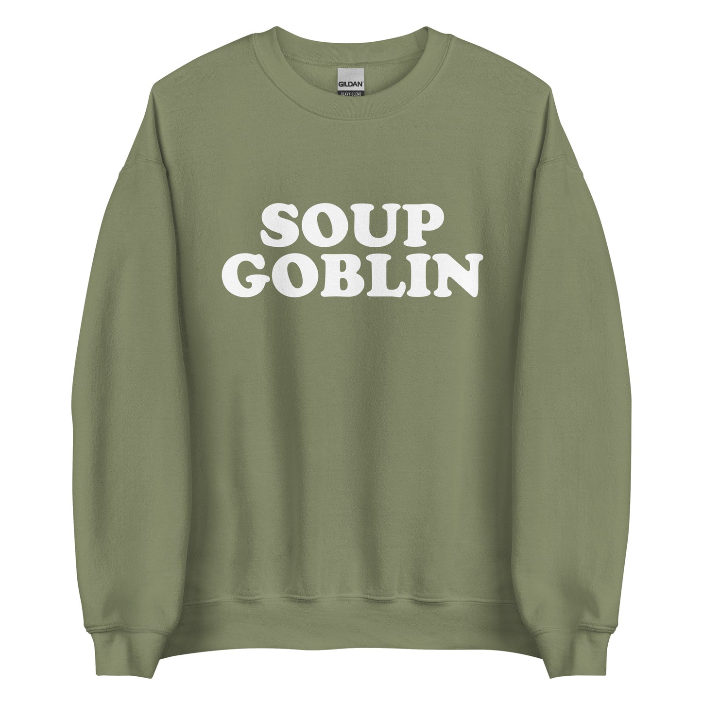 Army Green Soup Goblin Sweatshirt from Nina's Funky Shop by ninanush - Are you a soup goblin? Looking for a funny foodie gift? Our Soup Goblin Crewneck Sweatshirt is soft, comfortable and just what you need. It's a unisex soup sweatshirt with "soup goblin", expertly printed on the front. A funny foodie sweatshirt for soup enthusiasts and a quirky sweatshirt for everyday streetwear.