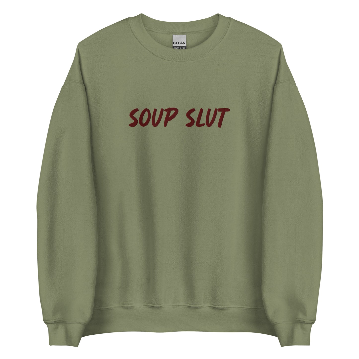 Army Green Embroidered Soup Slut Sweatshirt from Nina's Funky Shop by ninanush - Do you love soup? Looking for a funny gift? Our Soup Slut Embroidered Crewneck Sweatshirt is just what you need. It's a unisex soup sweatshirt with "soup slut" on the front. A funny foodie sweatshirt for cozy nights in or stand out streetwear for soup enthusiasts. This embroidered soup sweatshirt is made just for you.