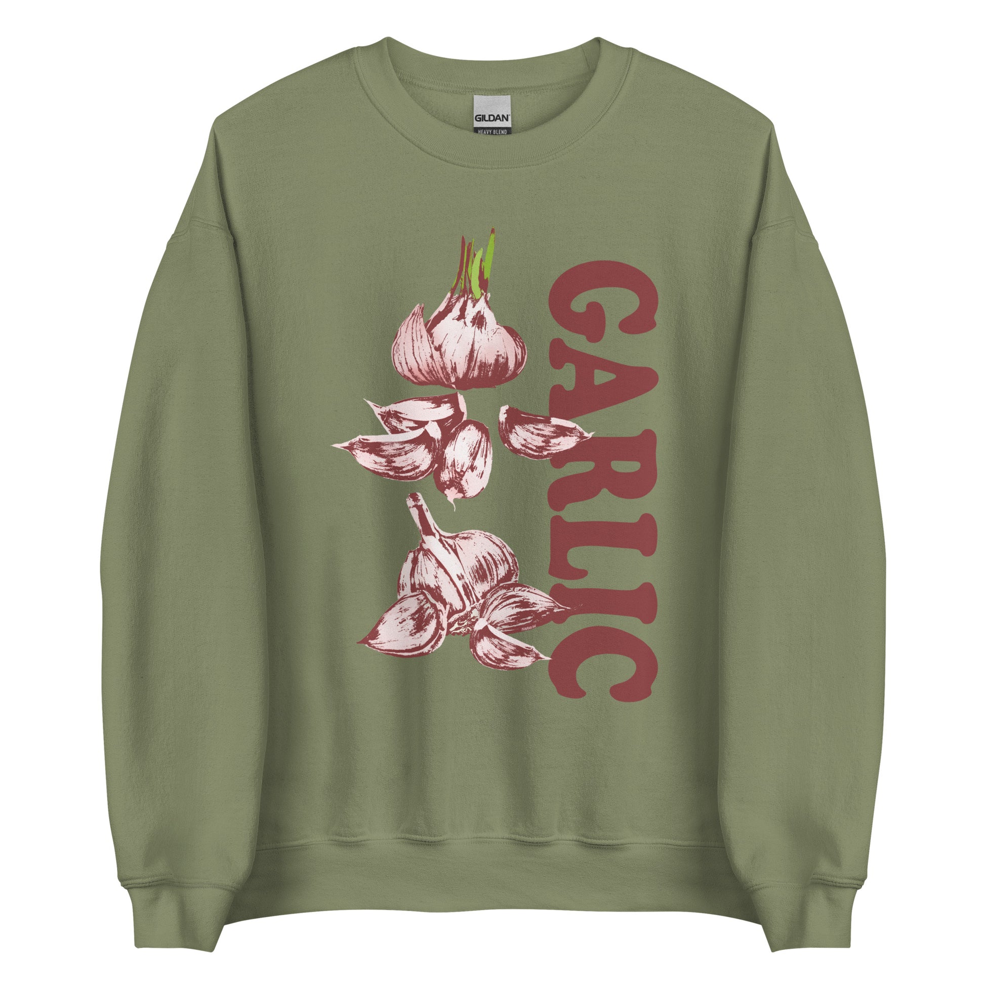 Army Green Garlic Sweatshirt from Nina's Funky Shop by ninanush - Love garlic? Looking for a funky gift for garlic lovers? Our Garlic Crewneck Sweatshirt is soft, comfortable and just what you need. It's a unisex sweatshirt with a unique, hand drawn garlic design expertly printed on the front. A funny foodie sweatshirt for cozy nights in or stand out streetwear for garlic enthusiasts.