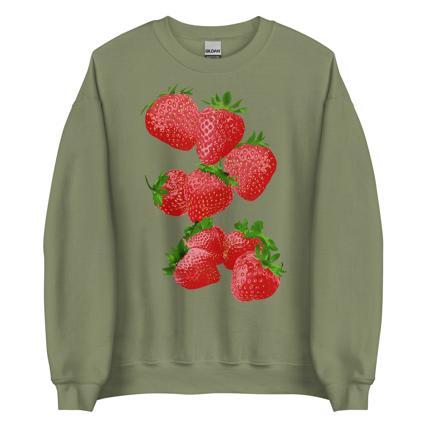 Army Green Strawberry Design Sweatshirt from Nina's Funky Shop by ninanush - Love strawberries? Our Strawberry Crewneck Sweatshirt is soft, comfortable and just what you need. It's a unisex sweatshirt that comes in a variety of colors with a unique, hand drawn strawberry design, expertly printed on the front. Perfect for cozy nights in or stand out streetwear for strawberry enthusiasts.