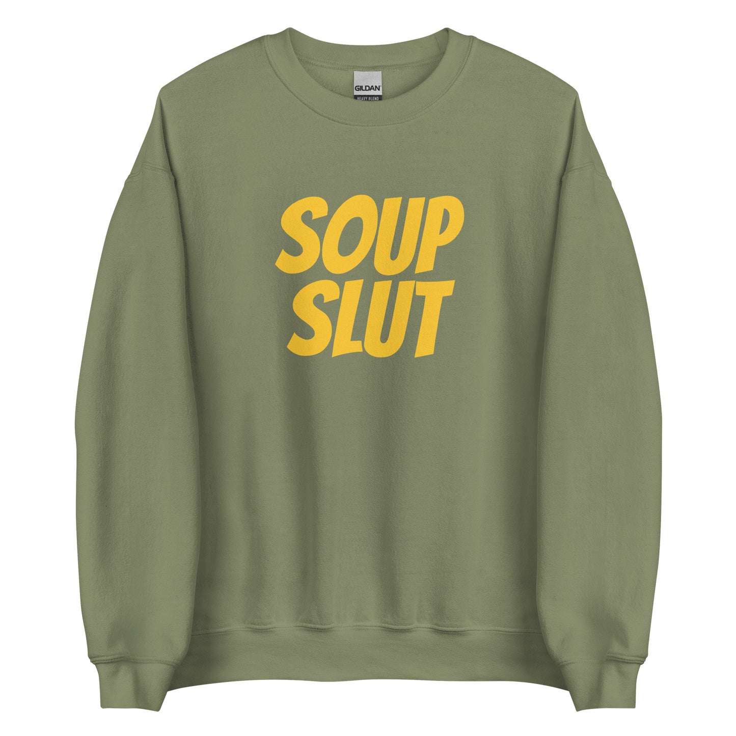 Army Green Soup Slut Sweatshirt from Nina's Funky Shop by ninanush - Do you love soup? Looking for a funny gift for a friend? Our Soup Slut Crew Neck Sweatshirt is soft, comfortable and just what you need. It's a unisex foodie sweatshirt with "soup slut", expertly printed on the front. A perfect funny foodie sweatshirt for cozy nights in or stand out soup lover streetwear.