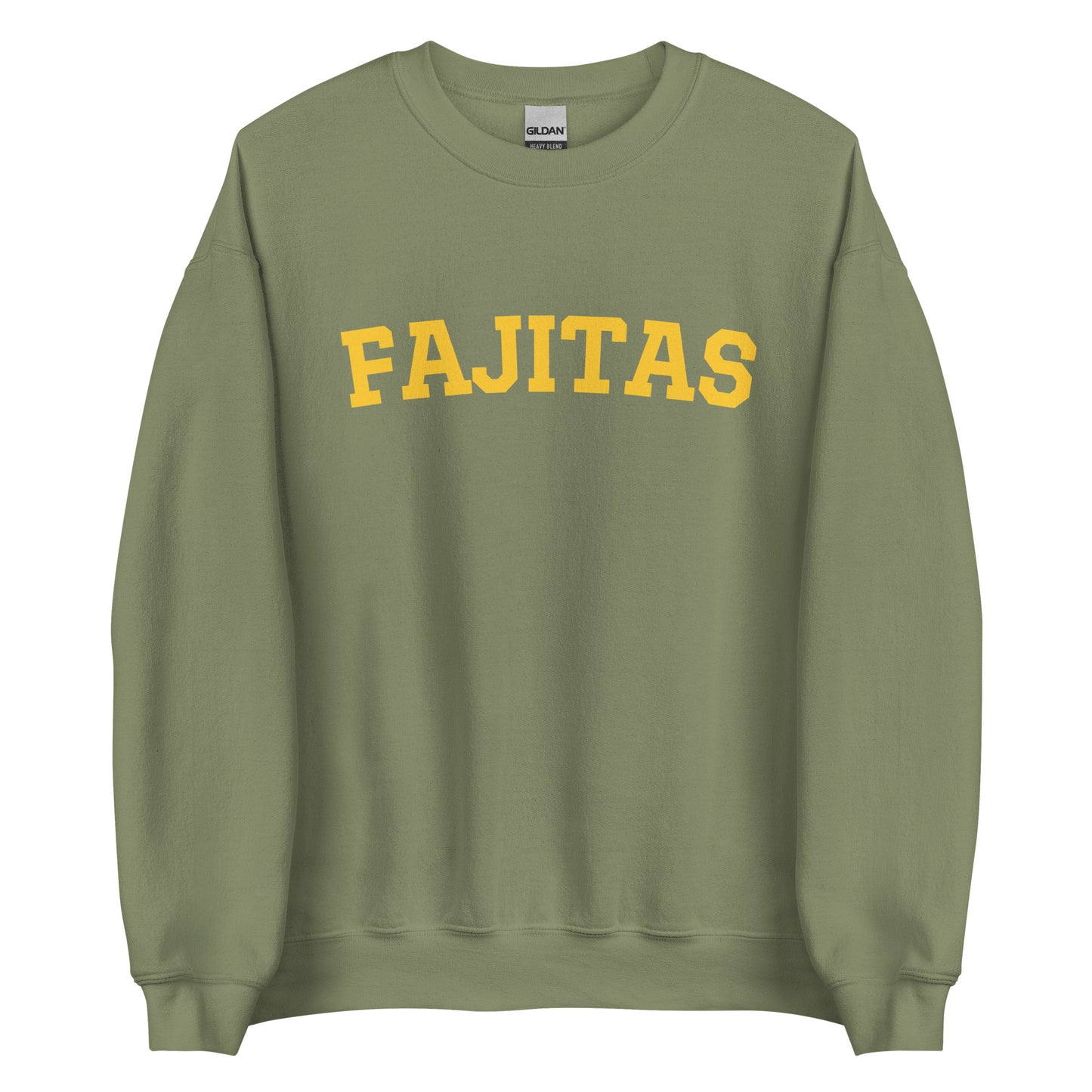 Army Green Fajitas Sweatshirt from Nina's Funky Shop - Love fajitas? Looking for a funny gift? Our Fajitas Crewneck Sweatshirt is soft, comfortable and just what you need for an effortless everyday look. It's a unisex sweatshirt that comes in a variety of colors with "fajitas", expertly printed on the front. The perfect cozy and funny fajita academy sweatshirt for foodies.