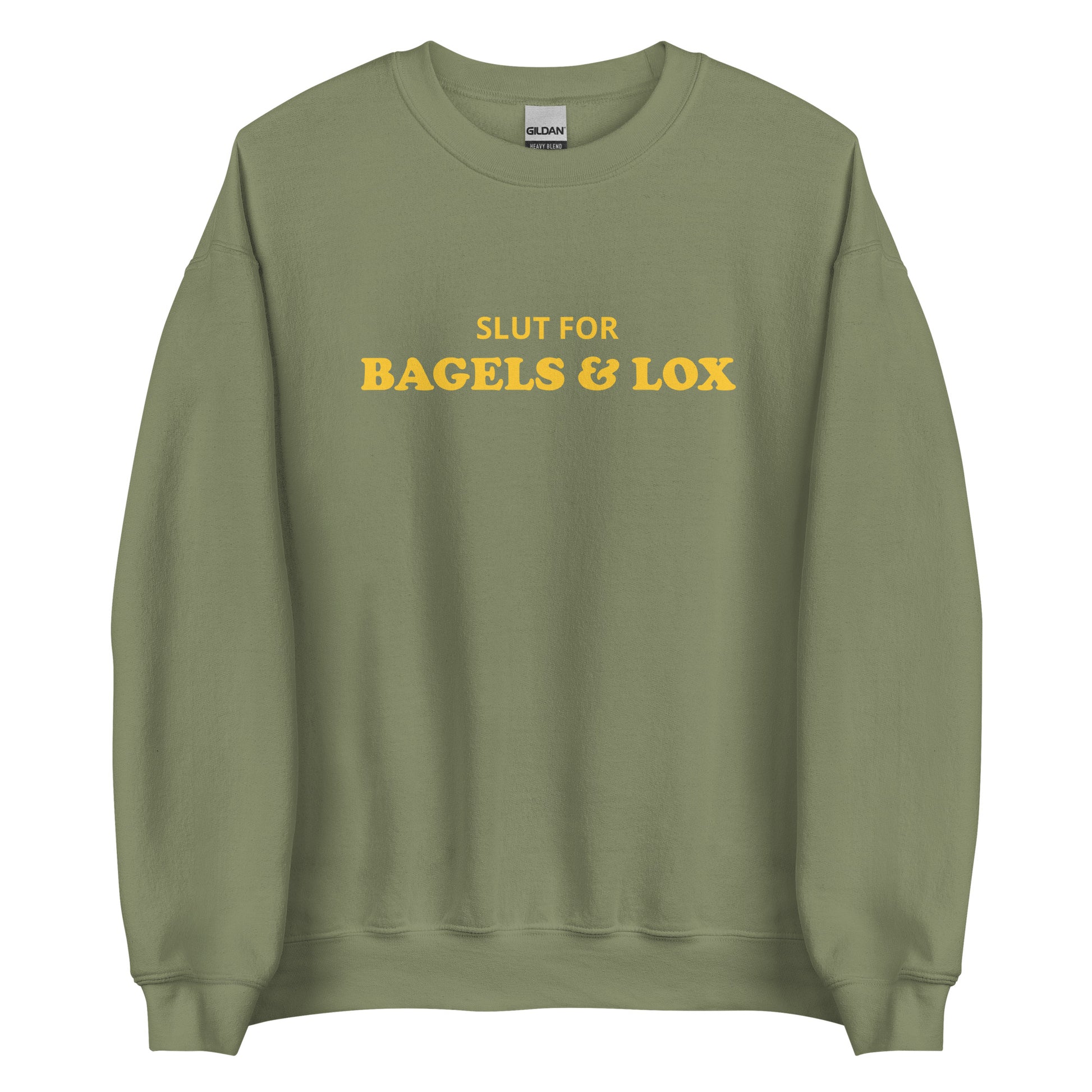 Army Green Bagels and Lox Sweatshirt from Nina's Funky Shop - Love bagels and lox? Looking for a funny gift for a bagel lover? Our Slut For Bagels & Lox Crewneck Sweatshirt is soft, comfortable and just what you need. It's a unisex sweatshirt that comes in a variety of colors with "Slut For Bagels & Lox", expertly printed on the front. The perfect funny bagel sweatshirt for everyday foodies.