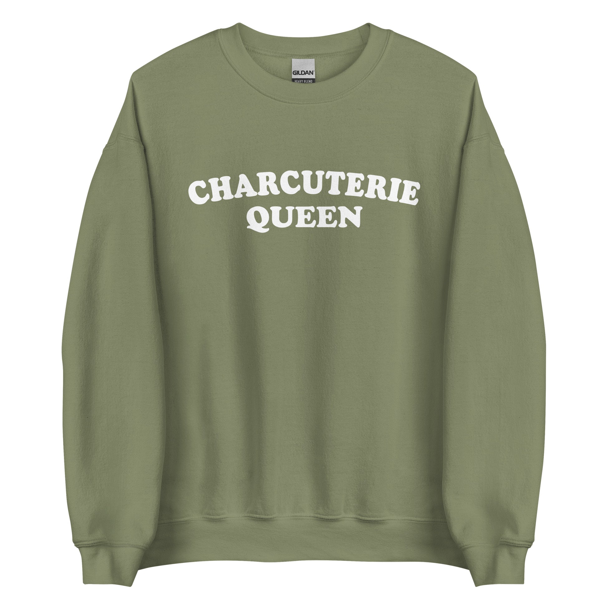 Army Green Charcuterie Queen Crewneck Sweatshirt from Nina's Funky Shop - Love charcuterie? Looking for a funny gift for a charcuterie enthusiast? Our Charcuterie Queen Crewneck Sweatshirt is just what you need. It's a unisex sweatshirt that comes in a variety of colors with "Charcuterie Queen", expertly printed on the front. The perfect funny college style sweatshirt for charcuterie lovers.