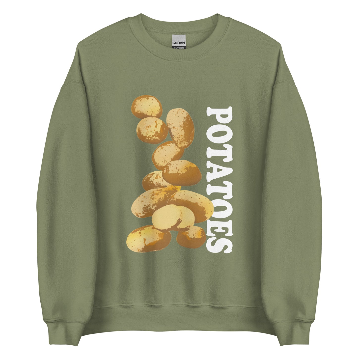 Army Green  sweatshirt with potatoes design - Love Potatoes? Looking for a unique gift for a fellow potato enthusiast? This unisex sweatshirt is warm, super soft and cozy, and made just for you. It comes in a variety of colors with a hand drawn potatoes design by Nina, expertly printed on the front.