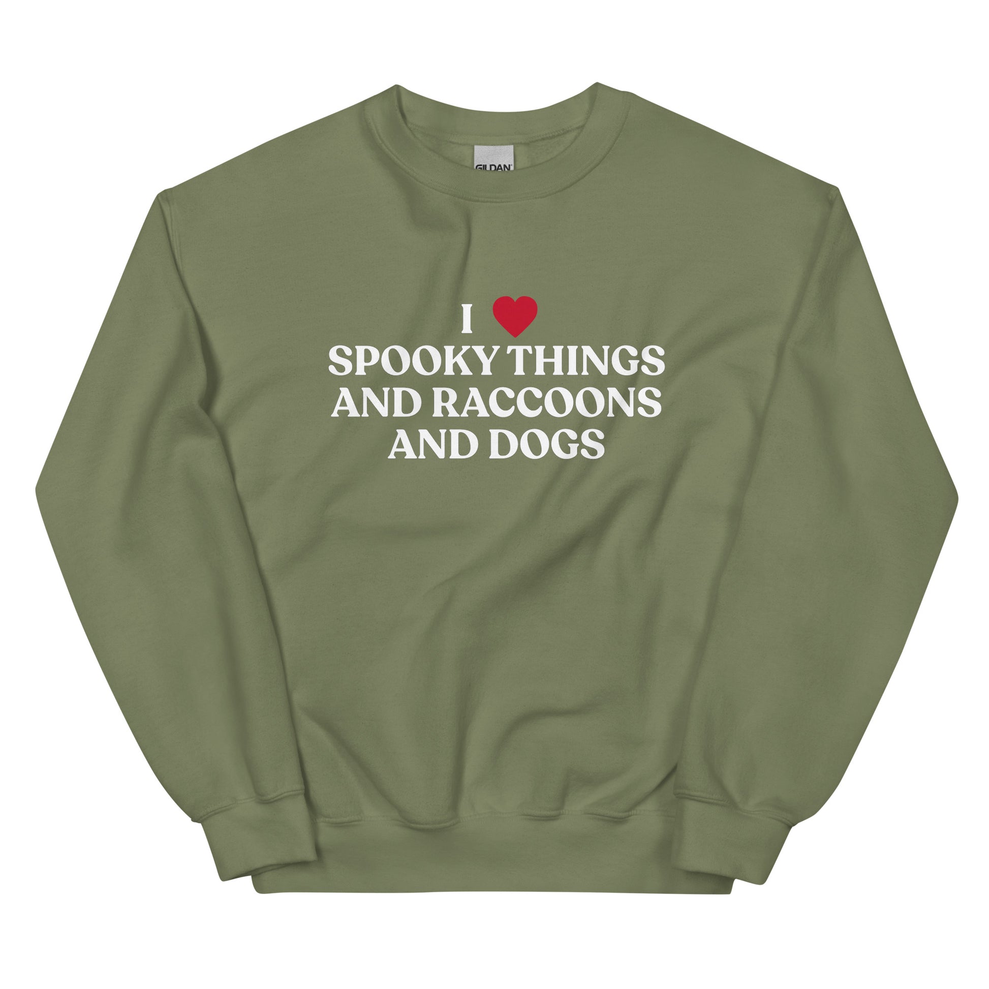 Army Green Halloween Sweatshirt - Our I Heart Spooky Things Raccoons and Dogs Sweatshirt is super soft and cozy. It comes in a variety of colors with a funny spooky season saying, expertly printed on the front. Make a statement in this funny Halloween crewneck sweatshirt.
