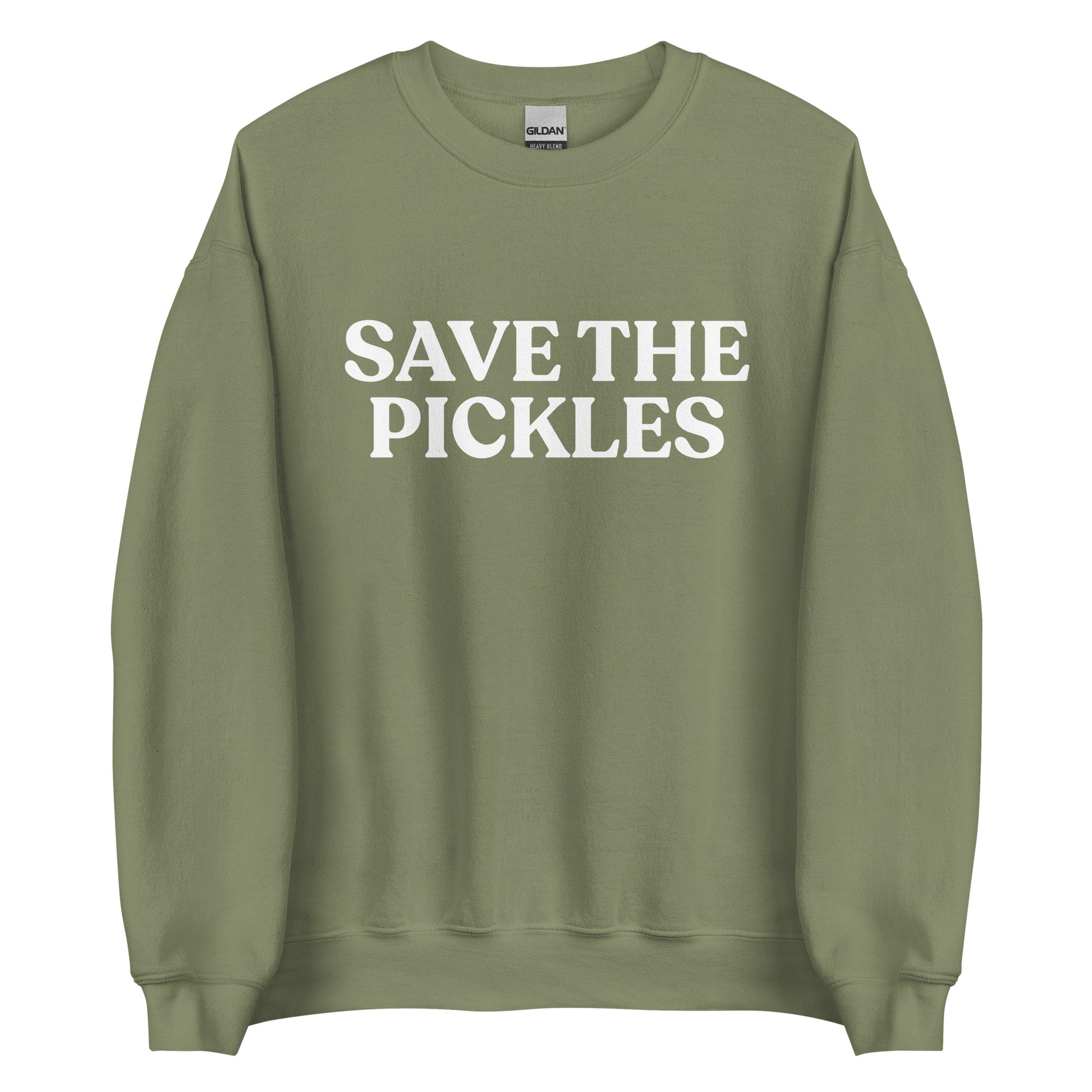 Green Save The Pickles Sweatshirt - Love pickles? Looking for a gift for a pickle lover? Our Save The Pickles Crewneck Sweatshirt might be just what you need! It's a soft and cozy sweatshirt with a pickle design, made just for you.