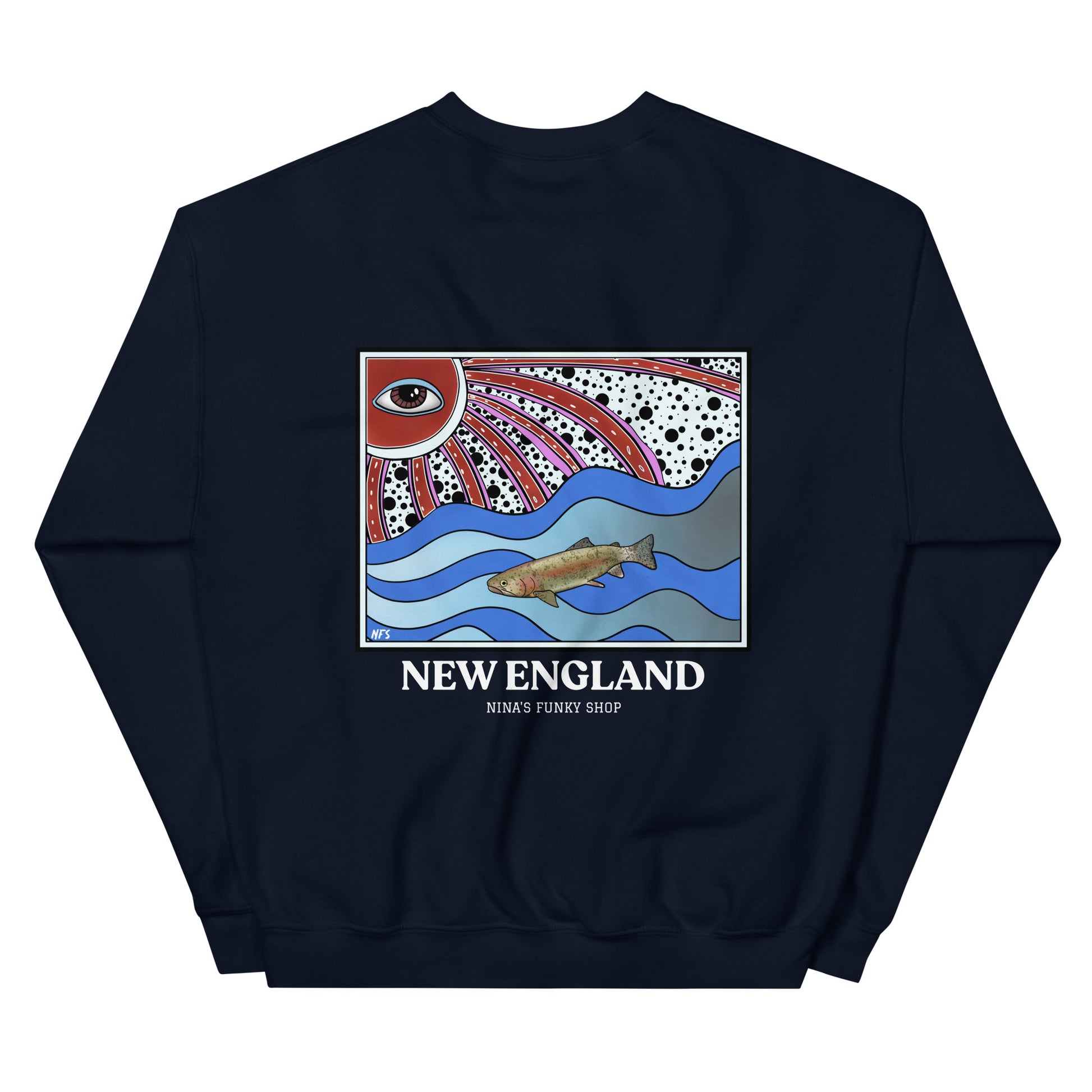 Navy New England Rainbow Trout Sweatshirt - This funky rainbow trout crewneck sweatshirt is unique and expertly printed just for you. It's a soft and cozy sweatshirt, perfect for everyday streetwear or a gift for a New Englander.