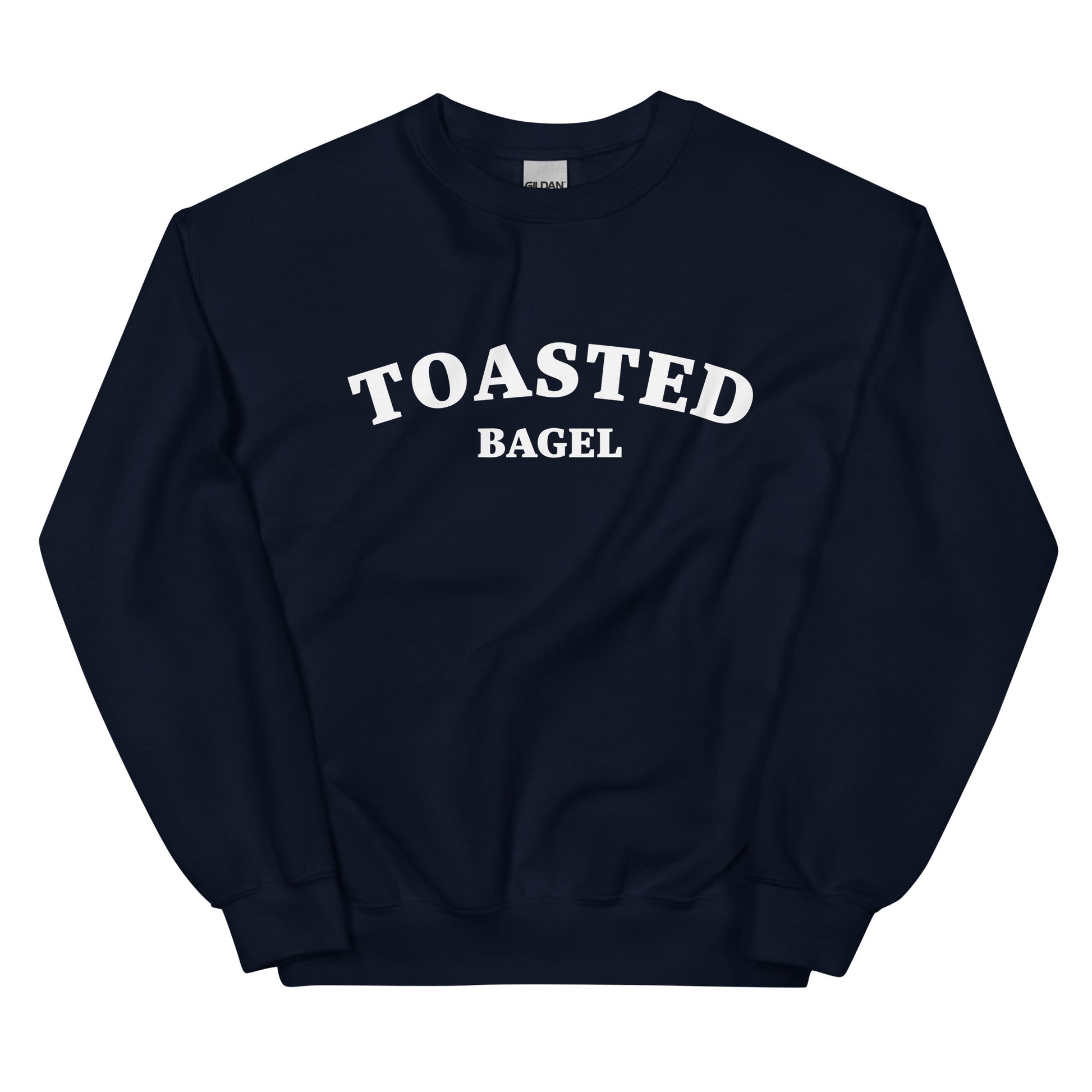 Navy toasted bagel sweatshirt for bagel lovers and gift for foodies - A colorful toasted bagel sweatshirt for bagel lovers. It's soft, comfortable, designed for bagel aficionados and made just for you. Eat your favorite bagel in this funny food sweatshirt. This quirky design is eye-catching and sure to turn heads. It's the perfect funny sweatshirt for bagel enthusiasts and foodies of all kinds.  