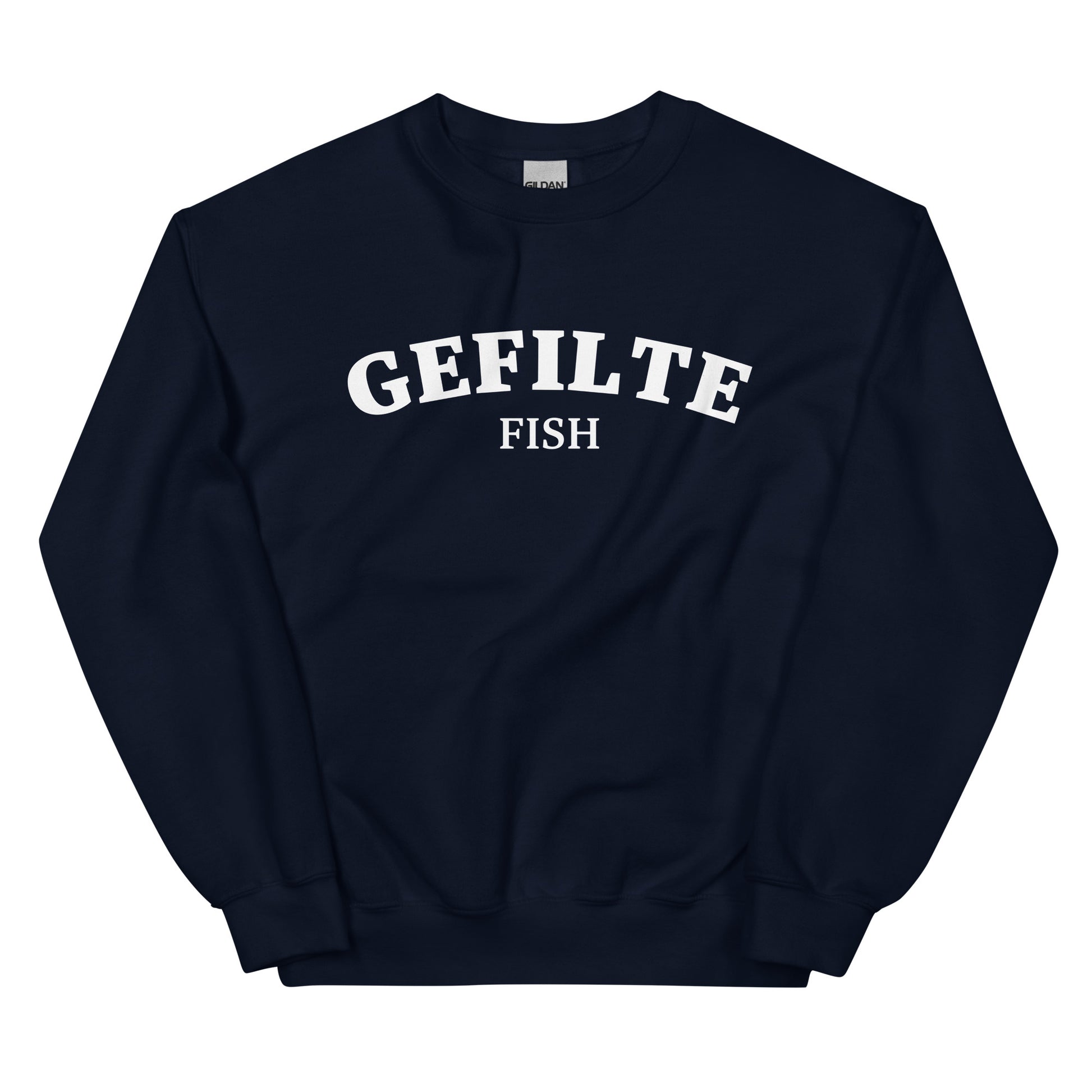 Navy gefilte fish sweatshirt unisex - Make a statement in this gefilte fish sweatshirt. It's a funny Jewish food sweatshirt that is soft, comfortable and sure to turn heads. Eat gefilte fish in style in this unusual foodie crew neck sweatshirt. What is gefilte fish? Gefilte fish is an Ashkenazi Jewish dish that is often served during celebrations and holidays.