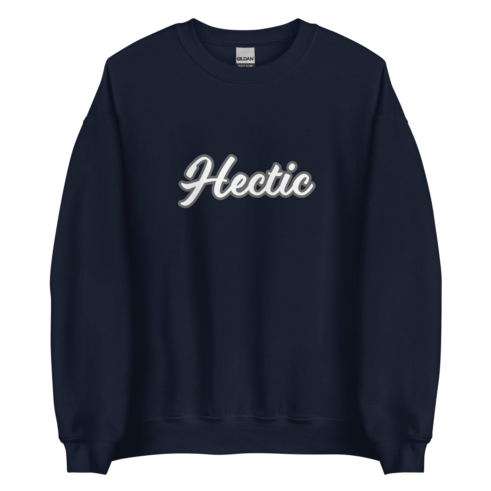 Navy hectic sweatshirt from Nina's Funky Shop by ninanush - Hectic ✨ This hectic sweatshirt is a classic crew neck sweatshirt that's soft and comfortable. Perfect for cozy nights, unique streetwear or a funny gift for a chaotic friend, this funny sweatshirt is a must-have. Stay weird and live your best life in this hectic sweatshirt, designed by Nina and made just for you.