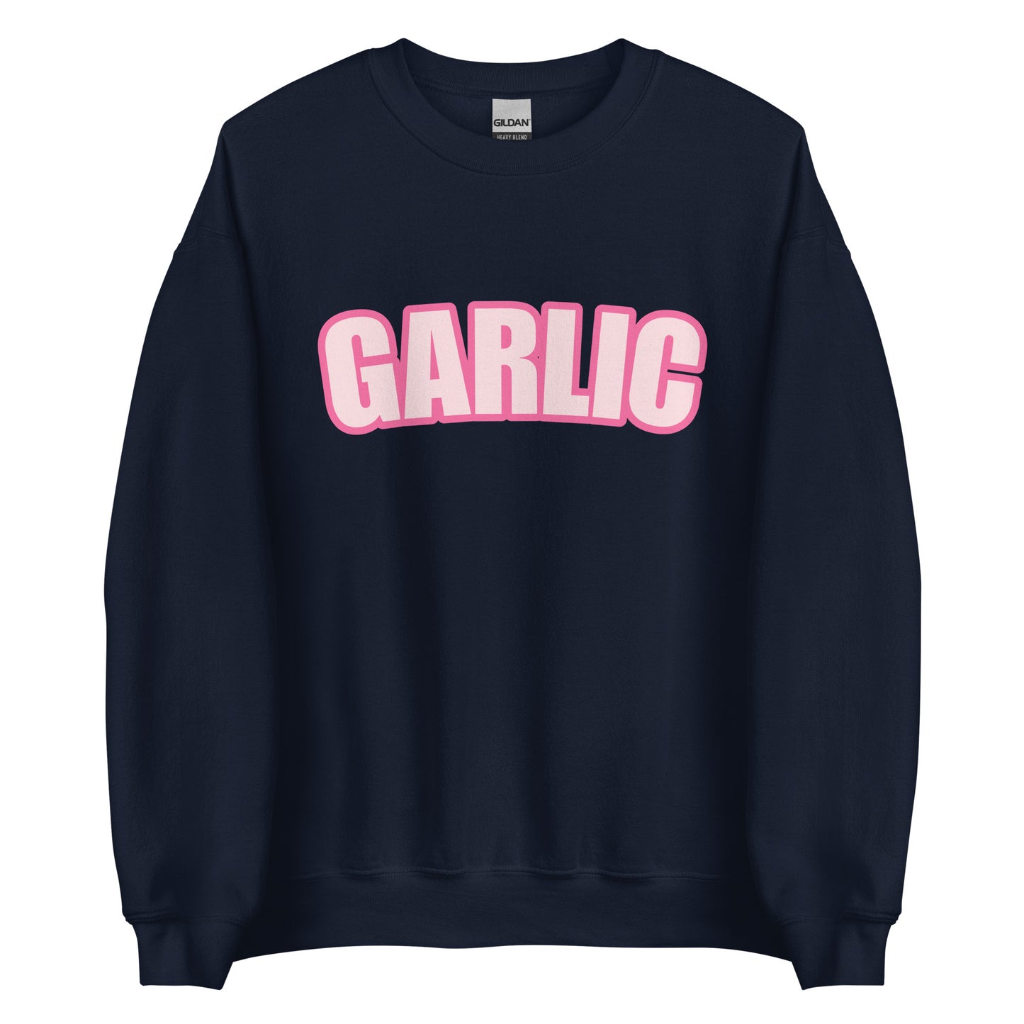 Navy Garlic Sweatshirt from Nina's Funky Shop by ninanush - Our Pink Garlic Sweatshirt is a perfect funny foodie sweatshirt for garlic lovers. It's a unisex, crew neck sweatshirt with the word "Garlic", expertly printed on the front. Perfect for cozy nights in or stand out streetwear for foodies, this garlic enthusiast sweatshirt is designed by Nina and made just for you.