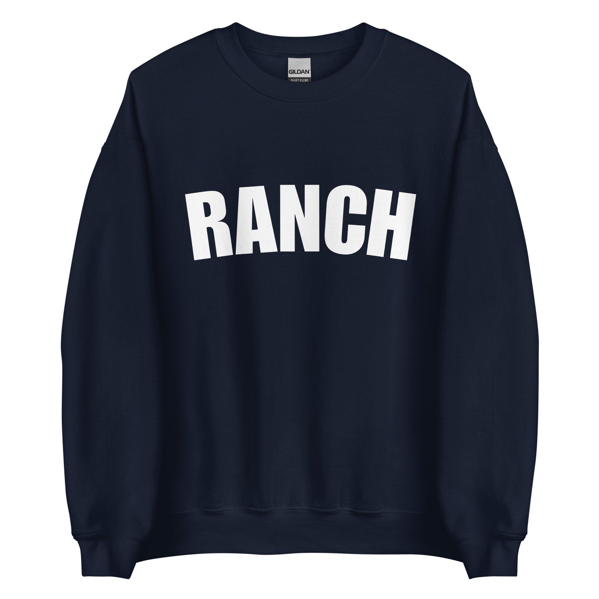 Navy Ranch Sweatshirt from Nina's Funky Shop by ninanush - Do you love ranch? This funny foodie sweatshirt for ranch lovers was made just for you. It's a unisex, crew neck sweatshirt with the word "Ranch", expertly printed on the front. Perfect for cozy nights in or colorful and bold stand out streetwear for foodies, this ranch enthusiast sweatshirt is designed by Nina.