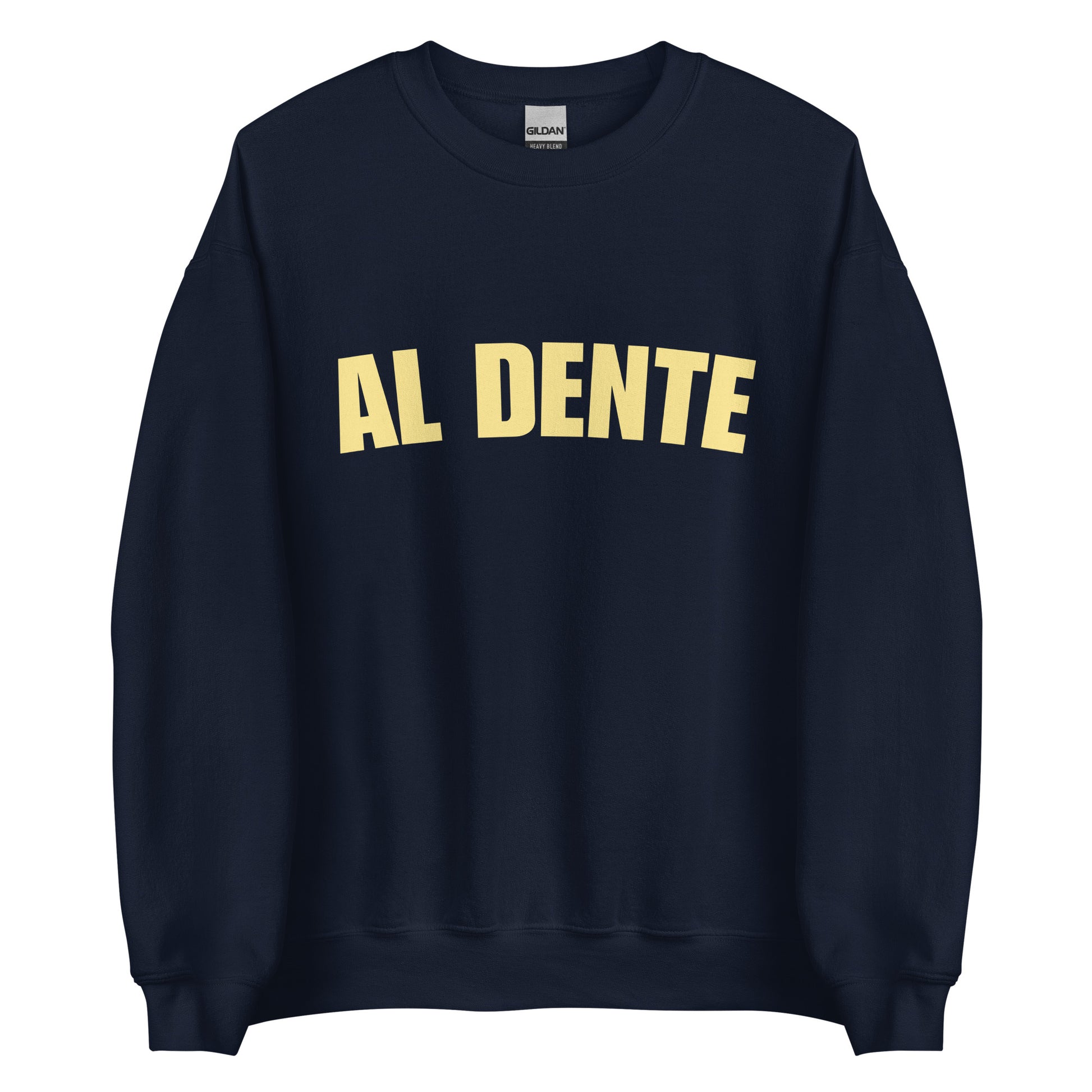 Navy Al Dente Sweatshirt from Nina's Funky Shop by ninanush - Our Al Dente Sweatshirt is soft, comfortable and a funny Italian cooking sweatshirt for foodies. It's a unisex, crew neck sweatshirt that comes in a variety of colors with the "Al Dente", expertly printed on the front. Perfect for cozy nights in or stand out streetwear for foodies. An Al Dente sweatshirt, made just for you.