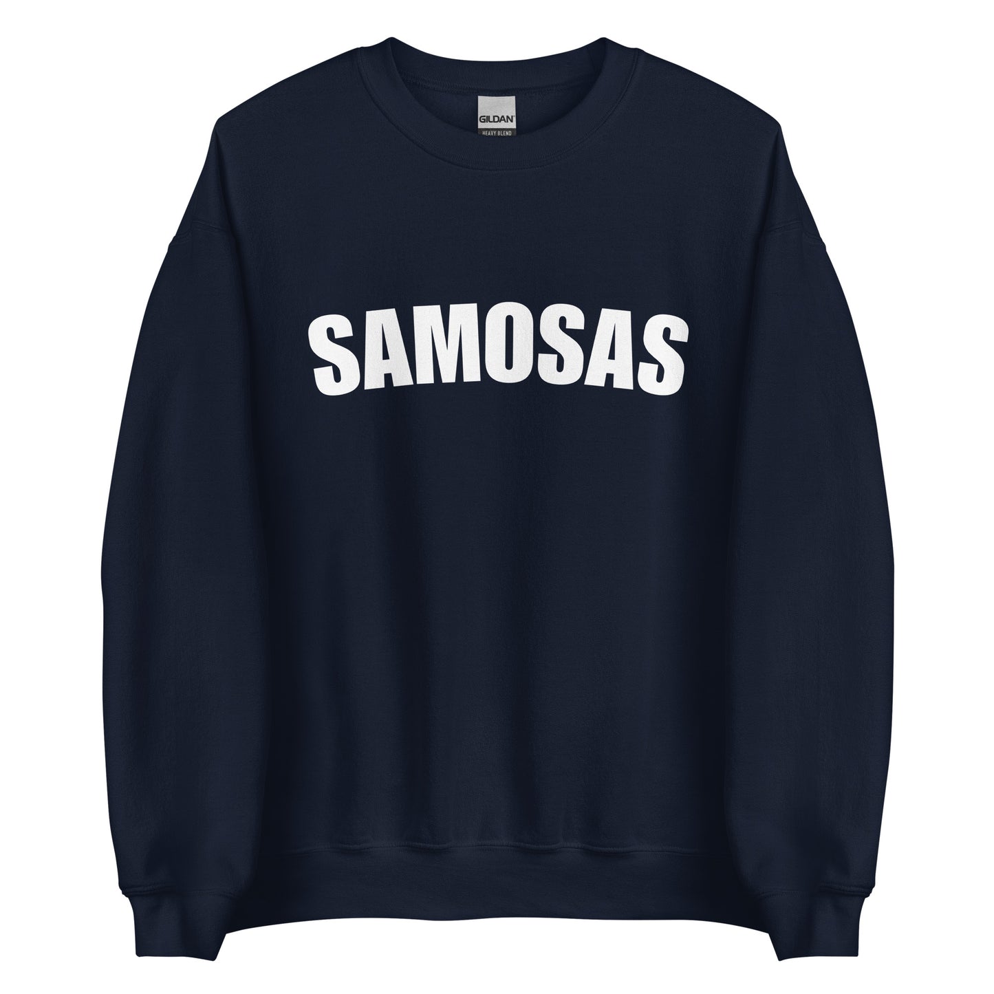 Navy Samosa Sweatshirt from Nina's Funky Shop by ninanush - Love samosas? Looking for a fun foodie gift? Our Samosa Sweatshirt is just what you need. Perfect for Indian cuisine lovers and foodies of all kinds, this sweatshirt has "Samosa", expertly printed on the front. A crewneck college-style foodie sweatshirt for Indian food enthusiasts and samosa lovers like you.