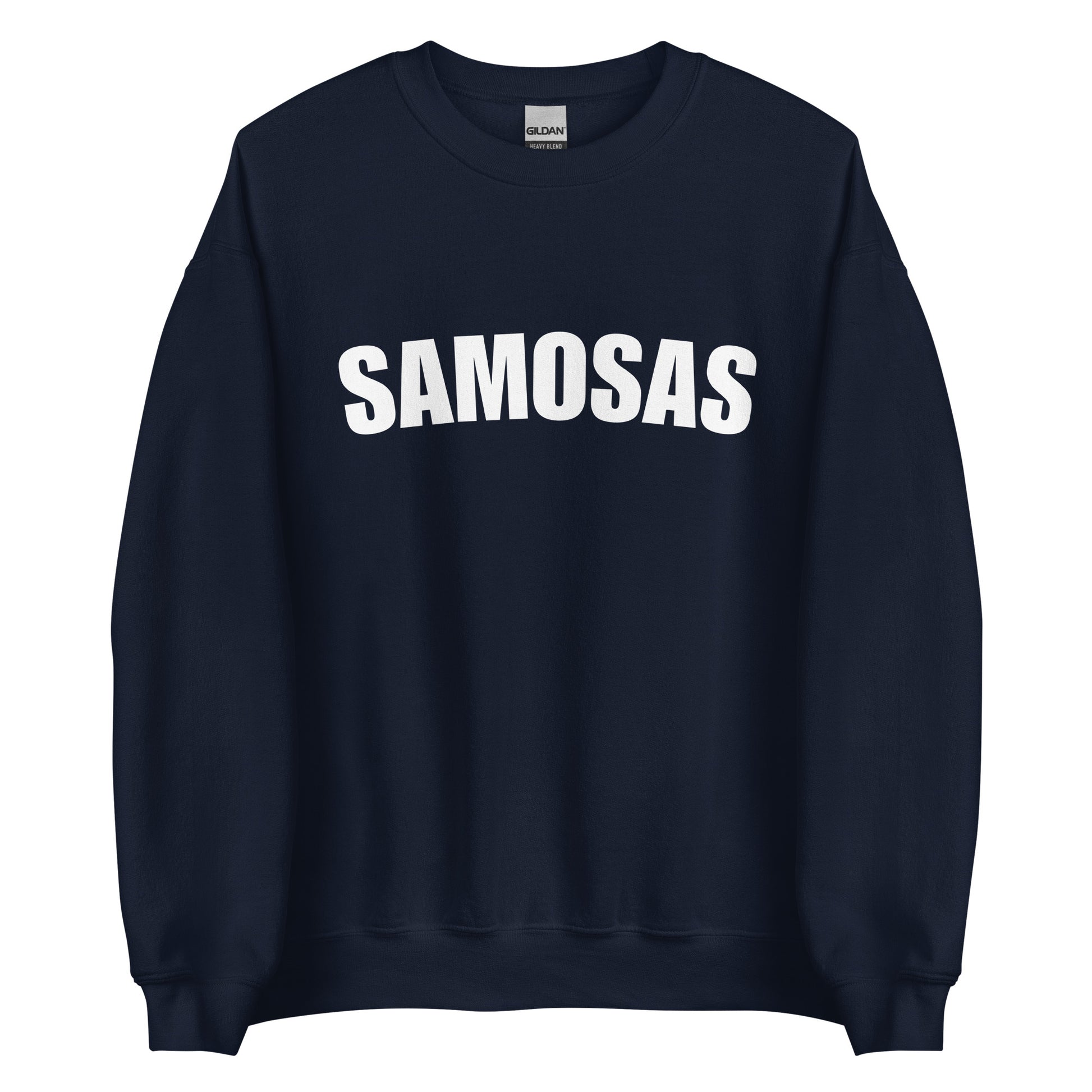 Navy Samosa Sweatshirt from Nina's Funky Shop by ninanush - Love samosas? Looking for a fun foodie gift? Our Samosa Sweatshirt is just what you need. Perfect for Indian cuisine lovers and foodies of all kinds, this sweatshirt has "Samosa", expertly printed on the front. A crewneck college-style foodie sweatshirt for Indian food enthusiasts and samosa lovers like you.