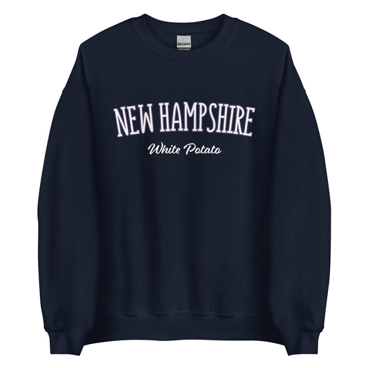 Navy New Hampshire White Potato Sweatshirt from Nina's Funky Shop by ninanush - Do you love white potatoes? Looking for a funny New Hampshire gift? Introducing our New Hampshire White Potato Sweatshirt! It's a unique New Hampshire sweatshirt for white potato lovers and New Englanders of all kinds. This unisex, crew neck sweatshirt is perfect for cozy New England nights in or stand out streetwear.