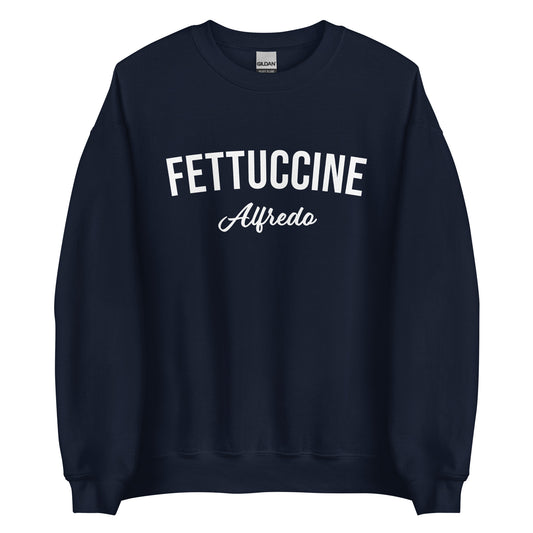 Navy Fettuccine Alfredo Sweatshirt from Nina's Funky Shop by ninanush - Love fettuccine Alfredo? Looking for the perfect funny foodie gift? Introducing our Fettuccine Alfredo Sweatshirt. It's a unisex, varsity crew neck sweatshirt with "Fettuccine Alfredo", expertly printed on the front. For cozy nights in or stand out quirky streetwear, this pasta enthusiast sweatshirt is just what you need.