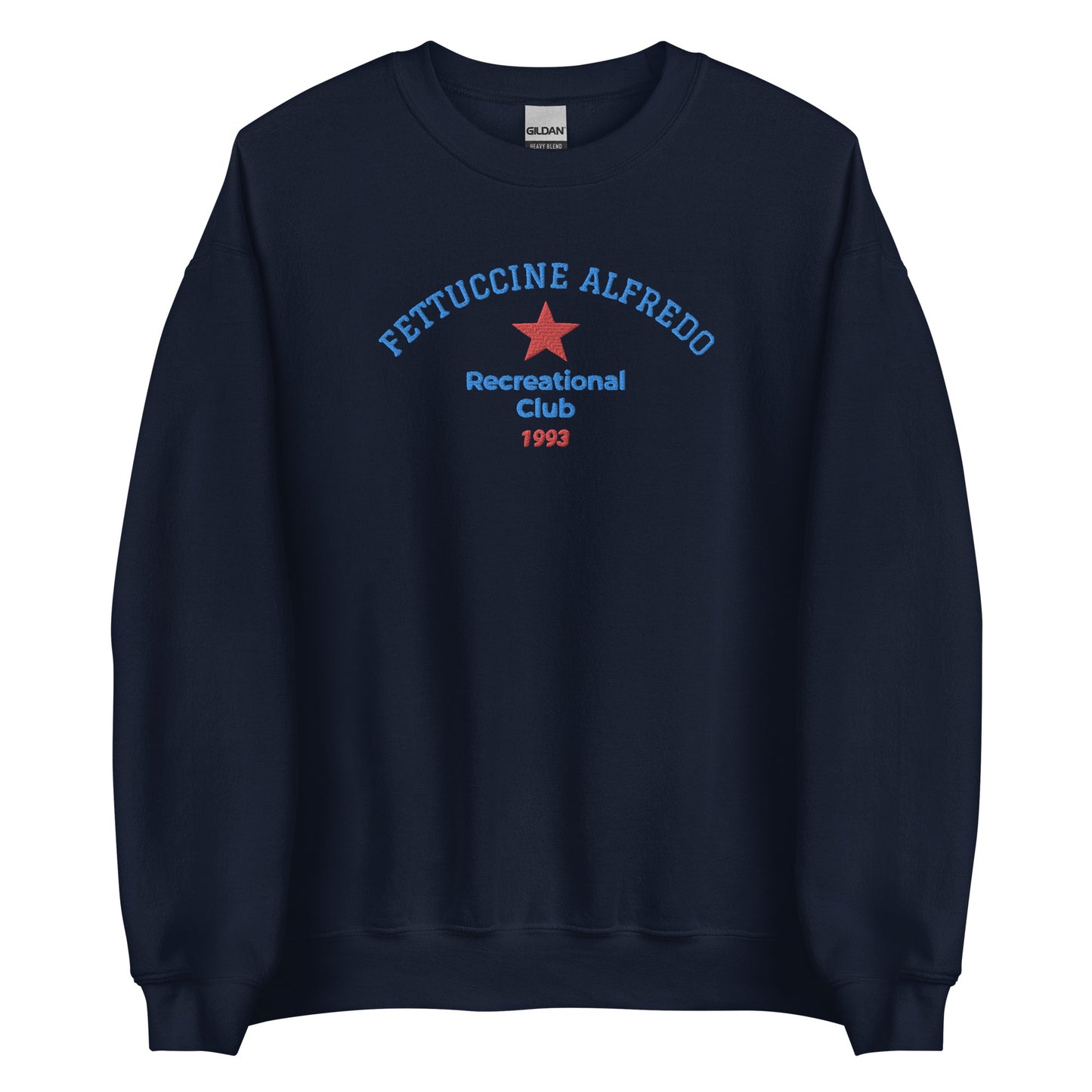 Navy fettuccine Alfredo sweatshirt from Nina's Funky Shop by ninanush - Love fettuccine Alfredo? Looking for a funny gift for a foodie? Our Fettuccine Alfredo Rec Club Crewneck Sweatshirt is just what you need. It's a unisex pasta lover sweatshirt with "Fettuccine Alfredo Recreational Club 1993" on the front. A funny foodie sweatshirt for a fettuccine enthusiast, designed by Nina and made just for you.