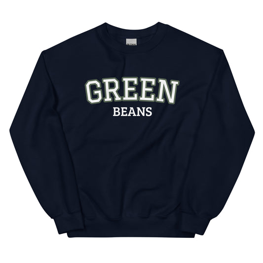 Navy Green Beans Sweatshirt from Nina's Funky Shop by ninanush - Love green beans? Looking for a funny food gift? Our Green Beans Sweatshirt is just what you need. It's a unisex, varsity crew neck sweatshirt with "Green Beans" on the front. A perfect funny foodie sweatshirt for cozy nights in or funky streetwear, this veggie enthusiast sweatshirt is designed by Nina, just for you. 