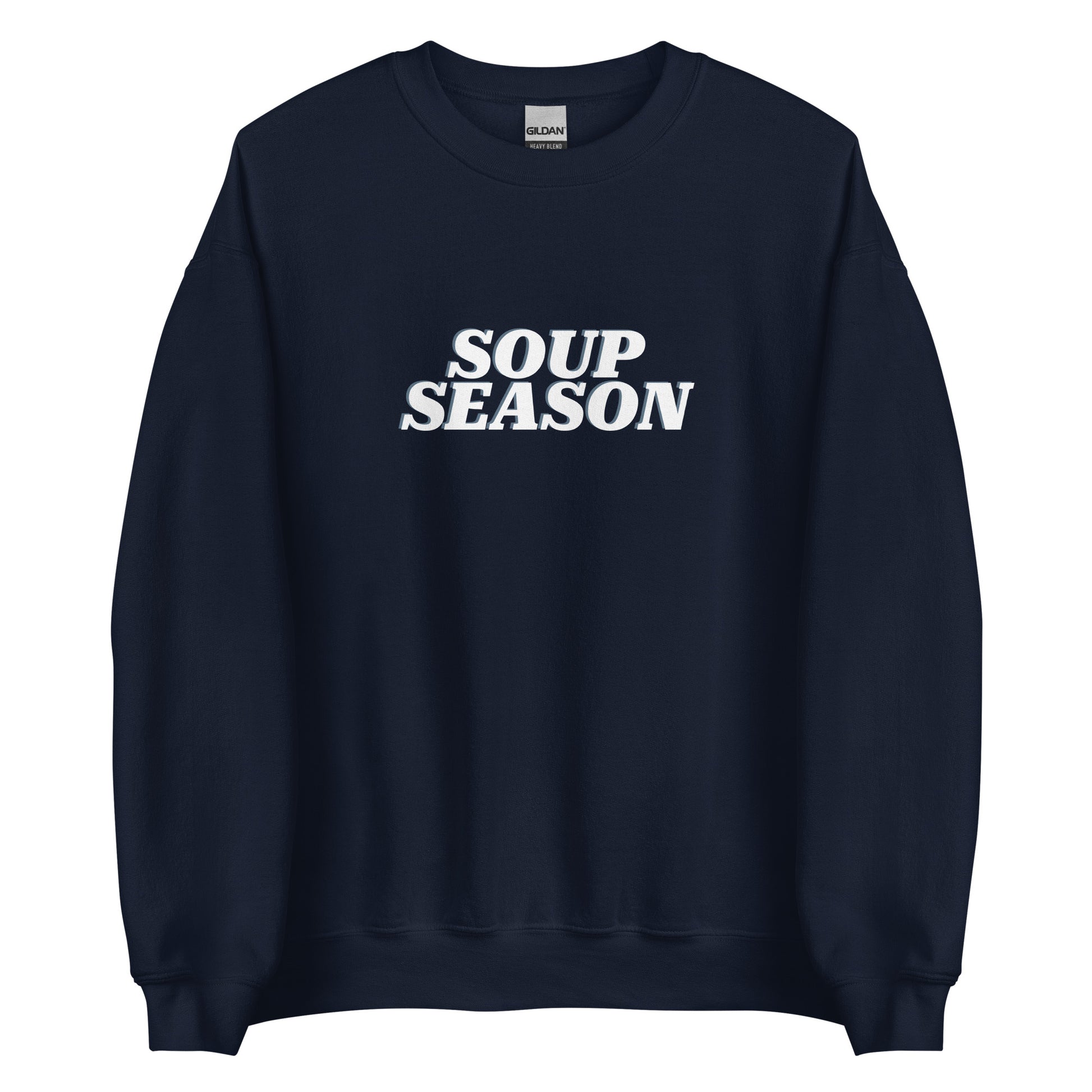 Navy Soup Season Sweatshirt from Nina's Funky Shop by ninanush - Do you love soup? Looking for a funny gift for a friend? Our Soup Season Crew Neck Sweatshirt is soft, comfortable and just what you need. It's a unisex foodie sweatshirt that comes in a variety of colors with "soup season", expertly printed on the front. A funny foodie sweatshirt for cozy nights in or stand out soup lover streetwear.