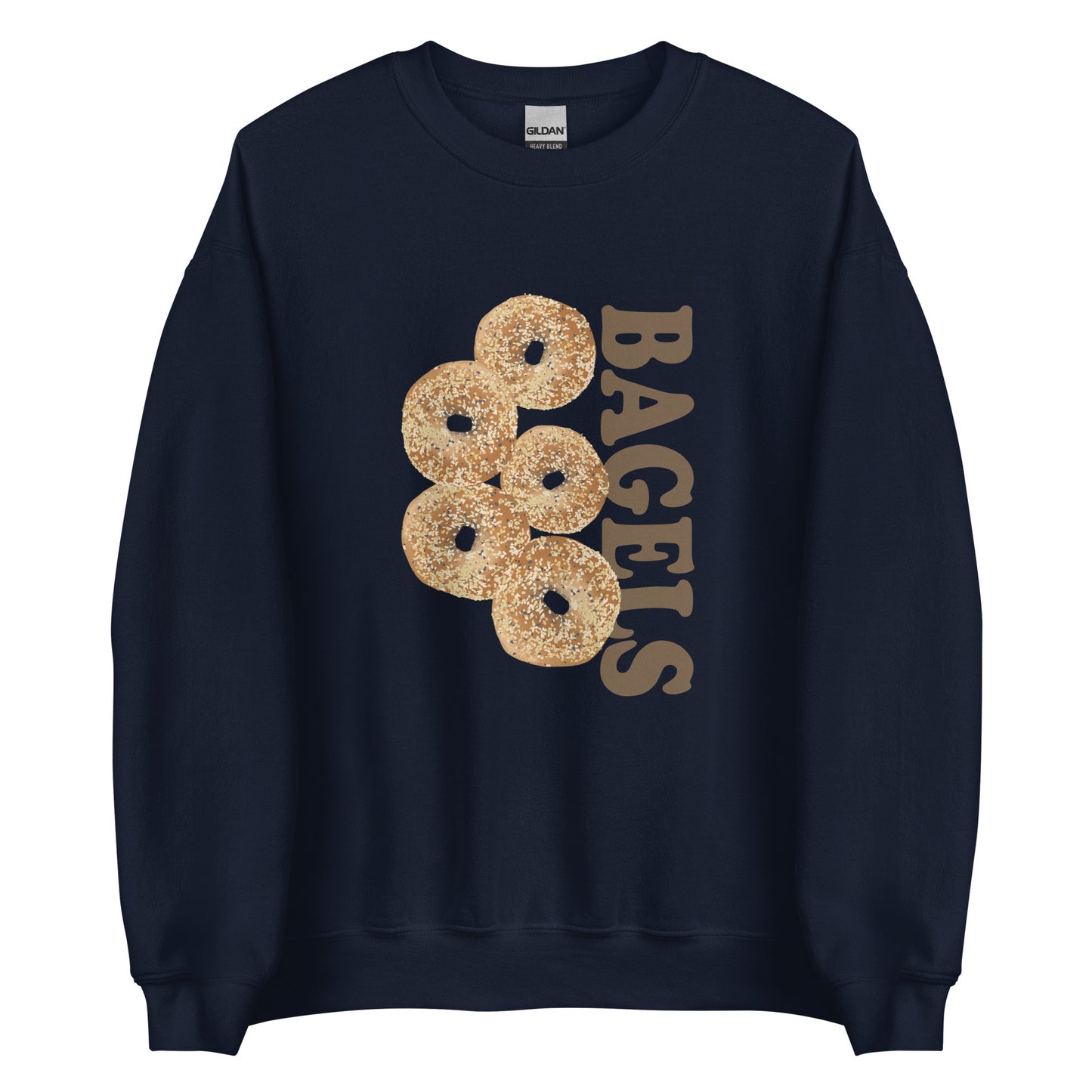 Navy Everything Bagels Sweatshirt from Nina's Funky Shop by ninanush - Do you love bagels? Looking for a funny gift? Our Bagels Crew Neck Sweatshirt is soft, comfortable and just what you need. It's a unisex foodie sweatshirt that comes in a variety of colors with everything bagels, expertly printed on the front. A funny foodie sweatshirt for cozy nights in or statement bagel lover streetwear.