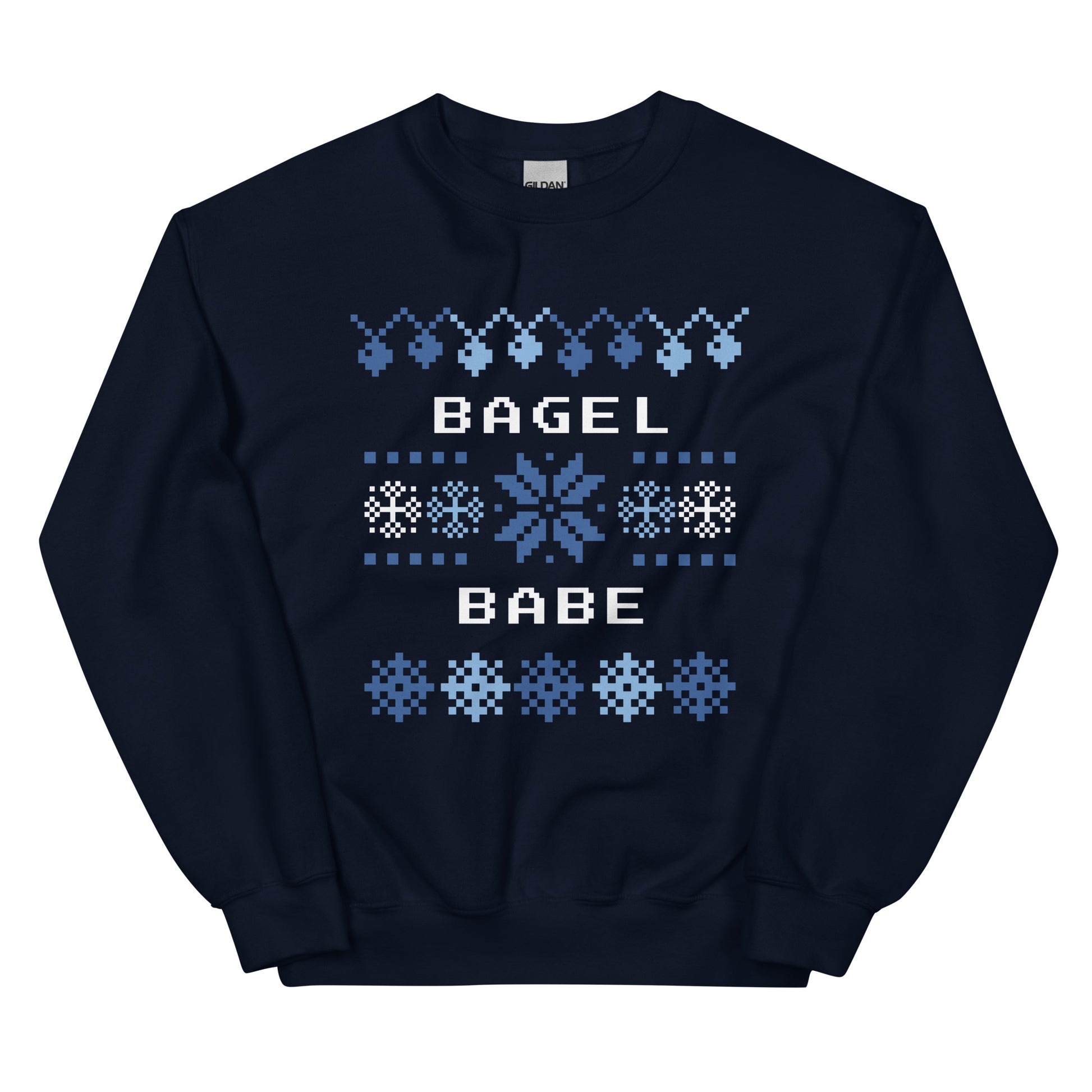 Navy Hanukkah Crew Neck Sweatshirt from Nina's Funky Shop by ninanush - Do you love bagels? Looking for a funny gift? Our Bagel Babe Crew Neck Sweatshirt is soft, comfortable and just what you need. It's a unisex bagel lover sweatshirt with a blue and white holiday design, expertly printed on the front. A funny foodie sweatshirt for cozy nights in or a stand out holiday party sweatshirt. 