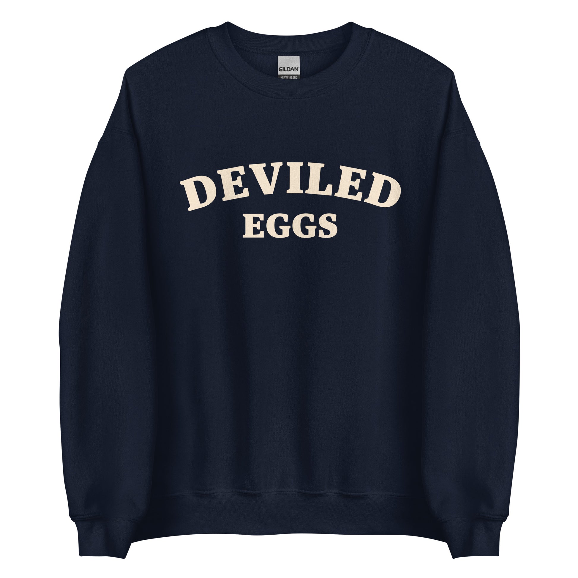 Navy Deviled Eggs Sweatshirt from Nina's Funky Shop by ninanush - Love Deviled eggs? Looking for a funny foodie gift? A funny college style deviled egg sweatshirt for foodies and beyond. It's a soft and comfortable crew neck sweatshirt with a unique and funny food design. A perfect sweatshirt for deviled egg lovers and quirky gift for foodies. Eat deviled eggs and make a statement. It's funny, weird and sure to turn heads.