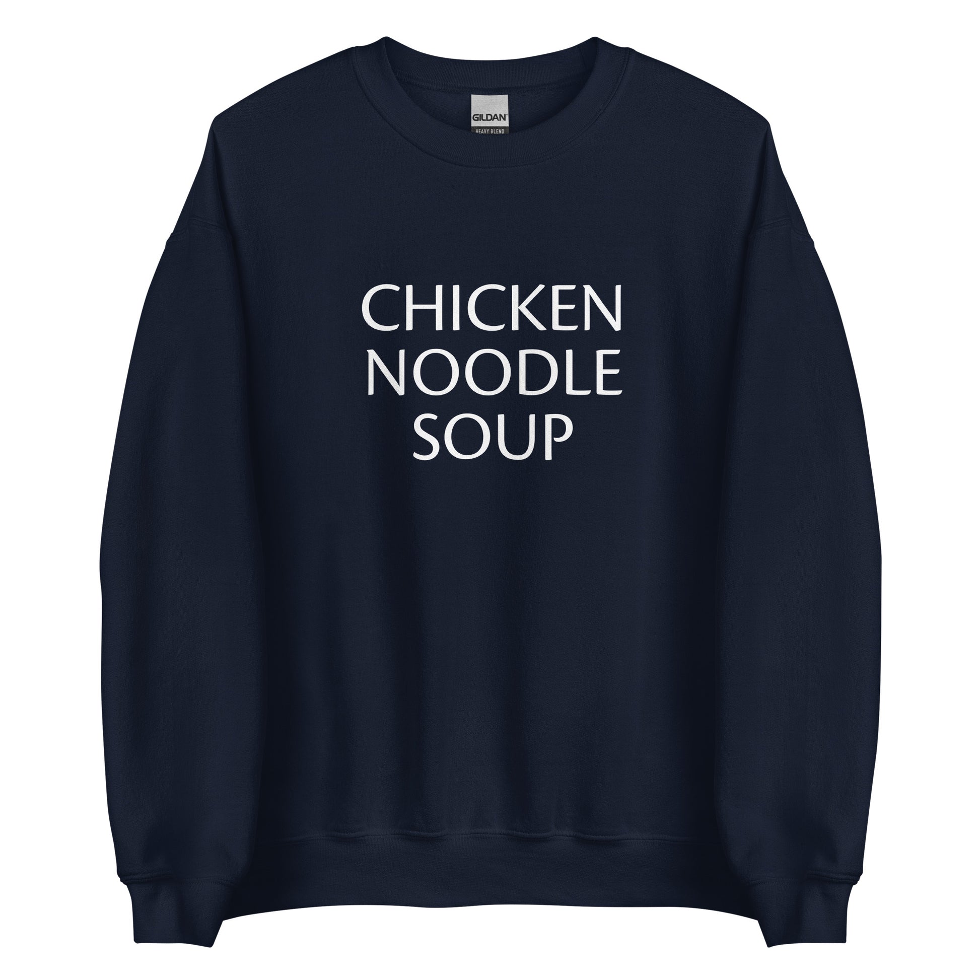 Navy Chicken Noodle Soup Sweatshirt from Nina's Funky Shop by ninanush - Do you love soup? Looking for a funny gift for a friend? Our Chicken Noodle Soup Crewneck Sweatshirt is soft, comfortable and just what you need. It's a unisex foodie sweatshirt that comes in a variety of colors with "Chicken Noodle Soup", expertly printed on the front. A perfect funny foodie sweatshirt for cozy nights in or stand out soup lover streetwear. This soup enthusiast sweatshirt is made just for you.