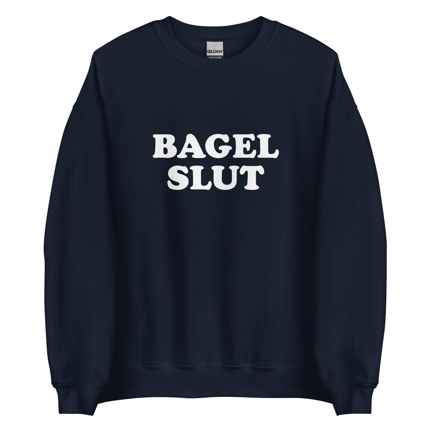 Navy Bagel Slut Sweatshirt from Nina's Funky Shop by ninanush - Do you love bagels? Looking for a funny gift? Our Bagel Slut Crewneck Sweatshirt is soft, comfortable and just what you need. It's a unisex sweatshirt that comes in a variety of colors with "Bagel Slut", expertly printed on the front. A unique and funny sweatshirt for cozy nights in or stand out bagel lover streetwear.