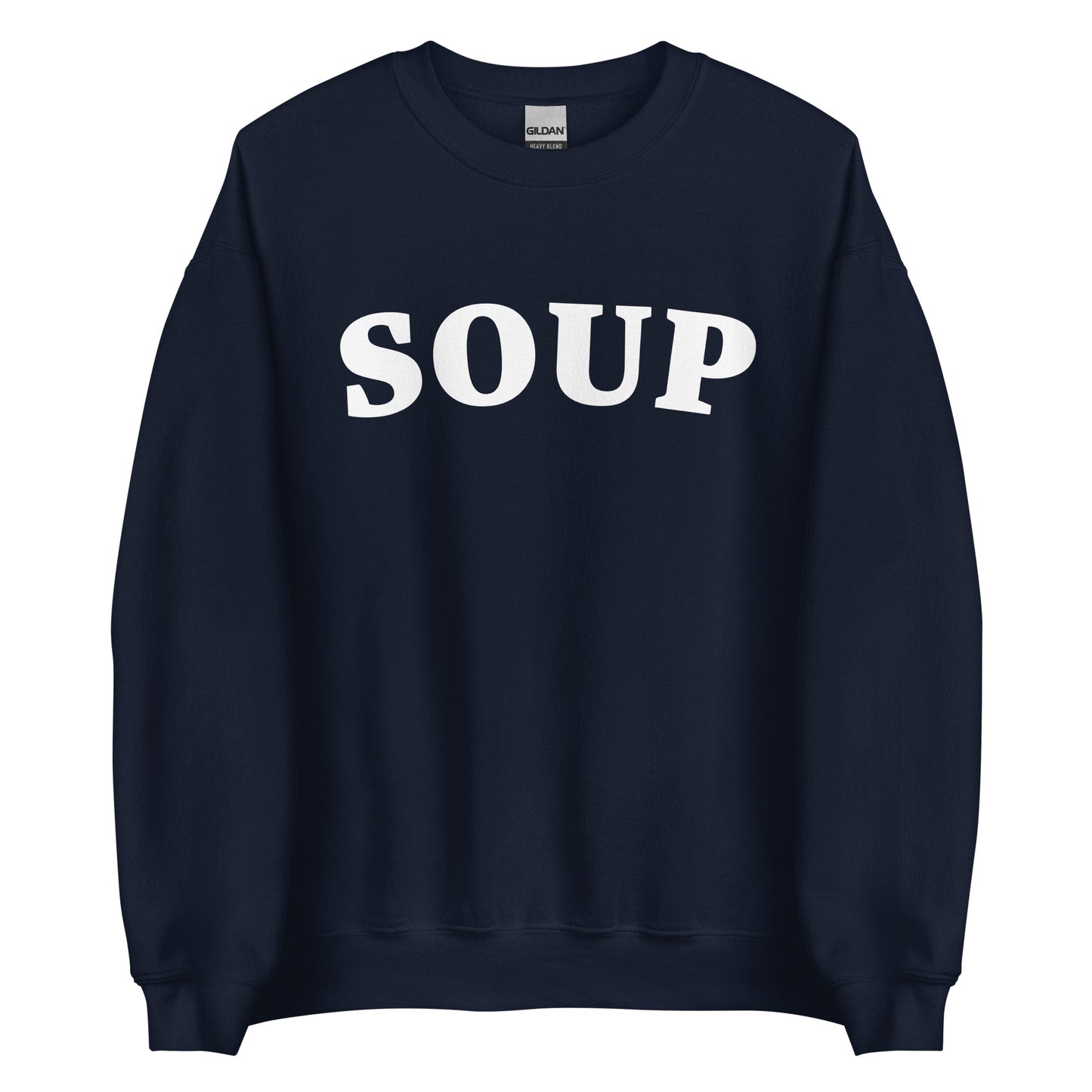 Navy Soup Crewneck Sweatshirt from Nina's Funky Shop by ninanush - Do you love soup? Looking for a funny gift? Our Soup Crewneck Sweatshirt is soft, comfortable and just what you need. It's a unisex foodie sweatshirt that comes in a variety of colors with "Soup", expertly printed in bold letters on the front. Eat your favorite soup in this funny varsity style sweatshirt. It's designed by Nina and made just for you.