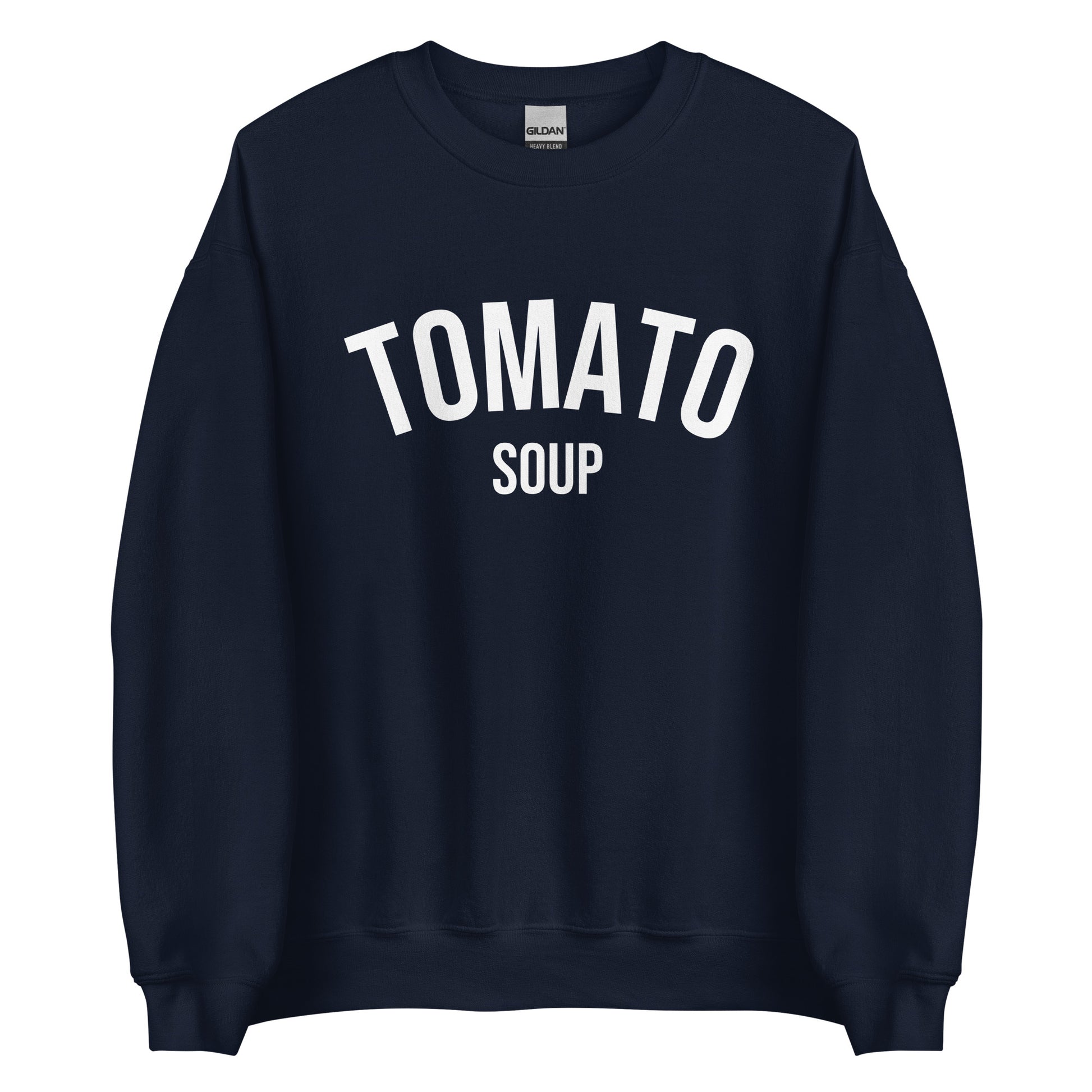 Navy Tomato Soup Sweatshirt from Nina's Funky Shop by ninanush - Do you love soup? Looking for a funny gift for a friend? Our Tomato Soup Crewneck Sweatshirt is soft, comfortable and just what you need. It's a unisex soup lover sweatshirt that comes in a variety of colors with "tomato soup", expertly printed on the front. A funny foodie sweatshirt for cozy nights in or stand out funky streetwear.